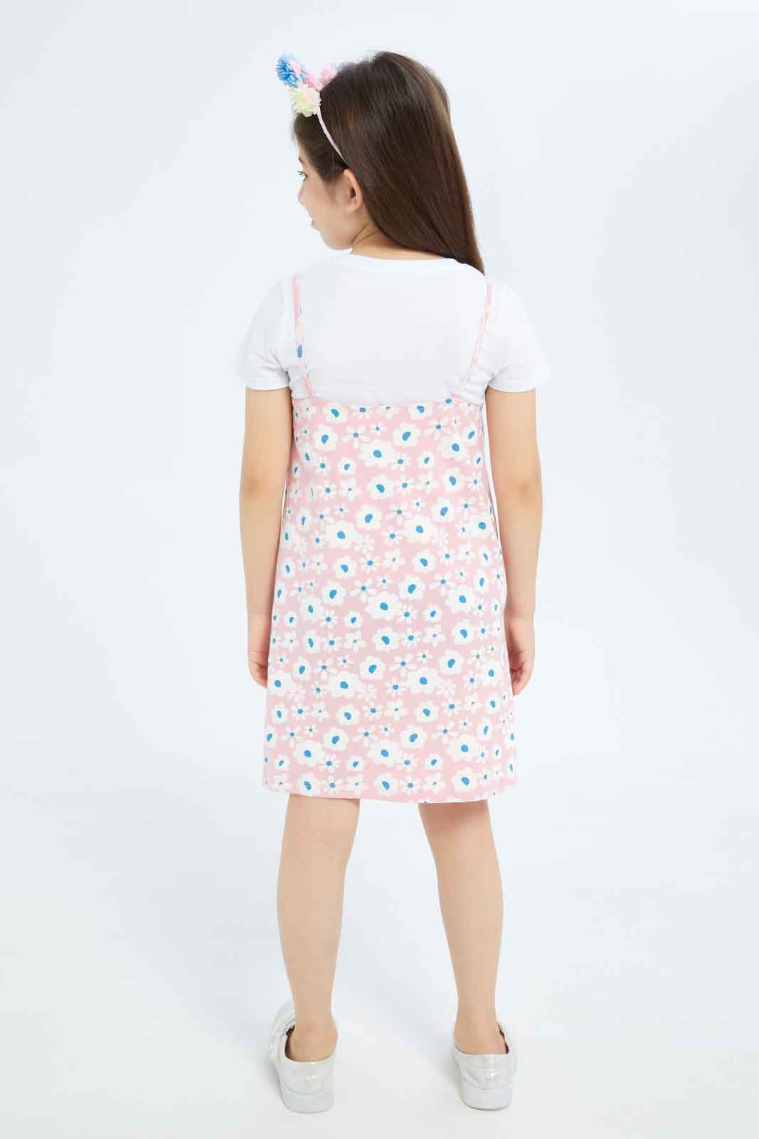Redtag-Girls-Ls-Tee-And-Slip-Dress---Pibk-Floral-Category:Dresses,-Colour:Apricot,-Deals:New-In,-Dept:Girls,-Filter:Girls-(2-to-8-Yrs),-GIR-Dresses,-New-In-GIR-APL,-Non-Sale,-S23A,-Section:Girls-(0-to-14Yrs)-Girls-2 to 8 Years
