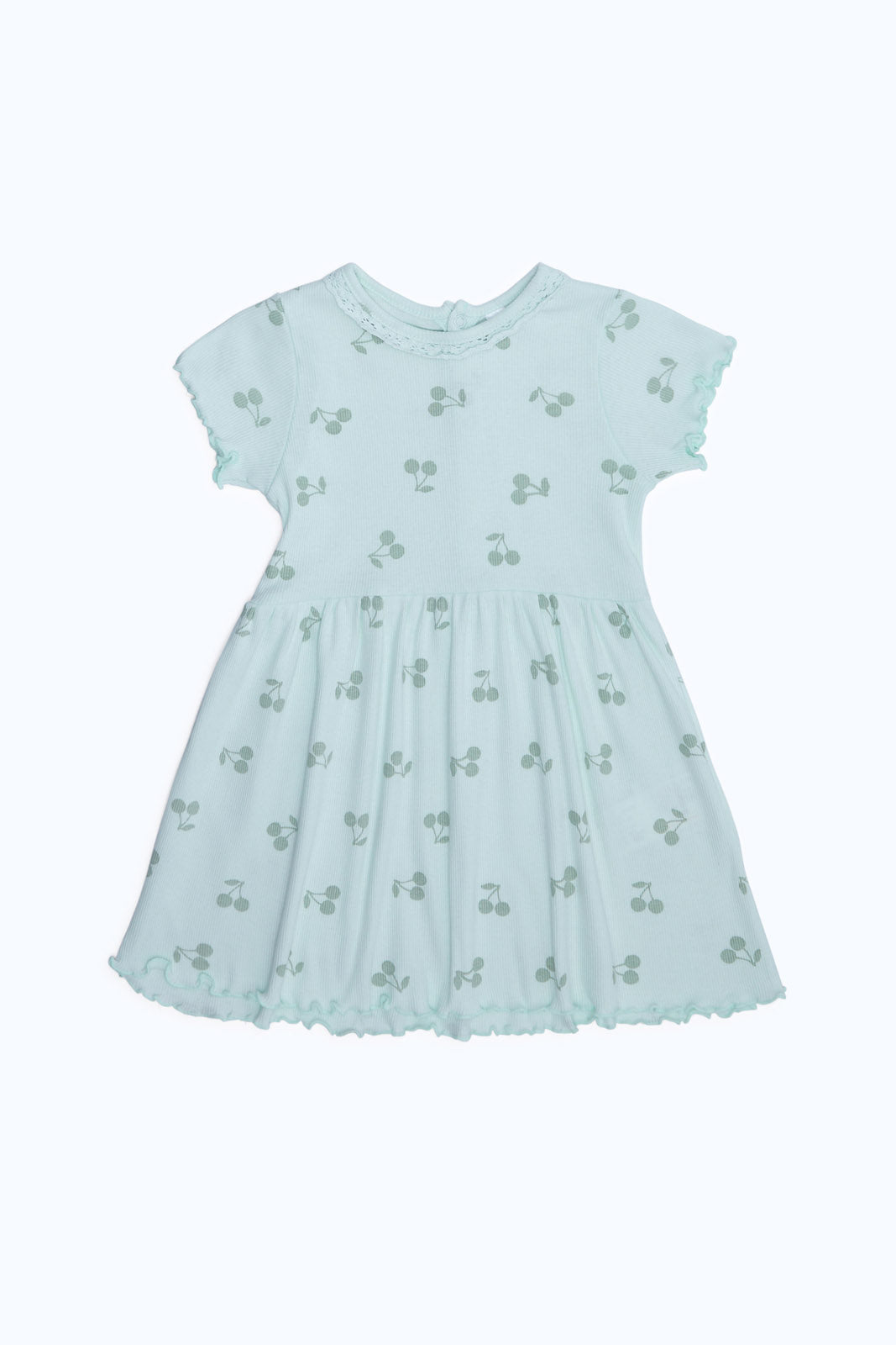 Redtag-Girls-Mint-Ribbed-Aop-Dress-With-Lace-Detailing-On-Neck-Category:Dresses,-Colour:Mint,-Deals:New-In,-Dept:Girls,-Filter:Infant-Girls-(3-to-24-Mths),-ING-Dresses,-New-In-ING-APL,-Non-Sale,-S23B,-Section:Girls-(0-to-14Yrs)-Infant-Girls-3 to 24 Months
