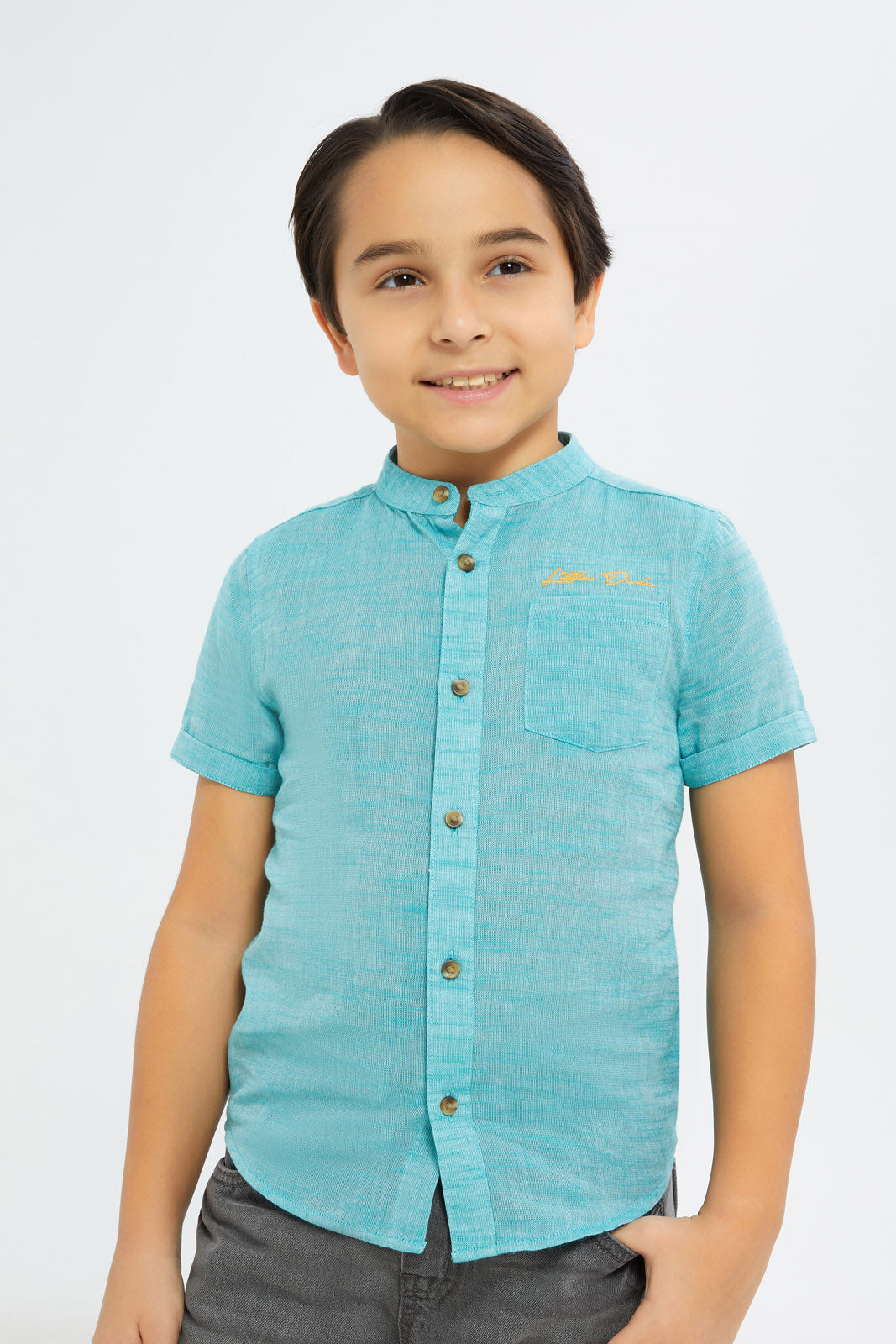 Redtag-Boys-Mint-Short-Sleeve-Mandarin-Collar-Shirt-BOY-Shirts,-Category:Shirts,-Colour:Mint,-Deals:New-In,-Dept:Boys,-Filter:Boys-(2-to-8-Yrs),-H1:KWR,-H2:BOY,-H3:SHI,-H4:CSH,-New-In-BOY-APL,-Non-Sale,-RMD,-S23B,-Season:S23D,-Section:Boys-(0-to-14Yrs)-Boys-2 to 8 Years