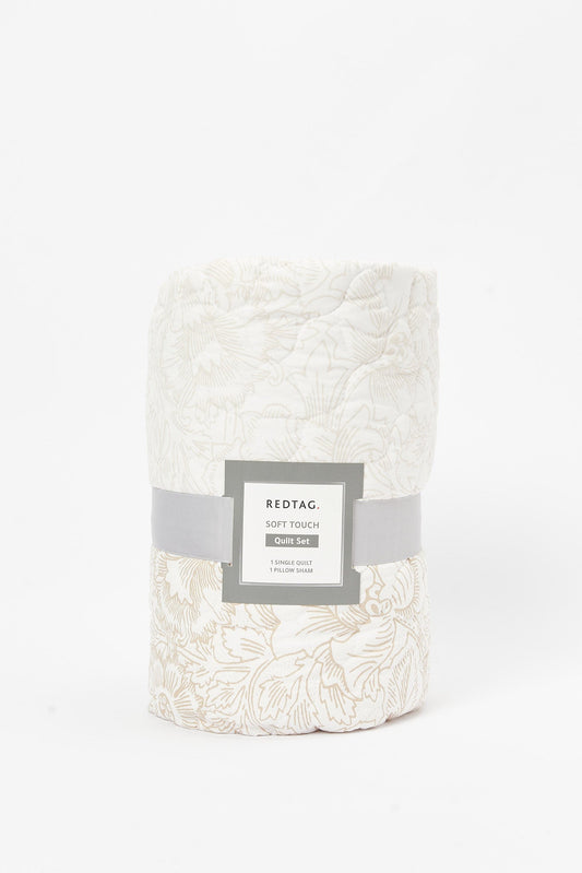 Redtag-Beige-2-Piece-Floral-Printed-Quilt-Set-(Single-Size)-Category:Quilts,-Colour:Beige,-Deals:New-In,-Dept:Home,-Filter:Home-Bedroom,-HMW-BED-Quilts,-New-In-HMW-BED,-Non-Sale,-S23B,-Section:Homewares-Home-Bedroom-