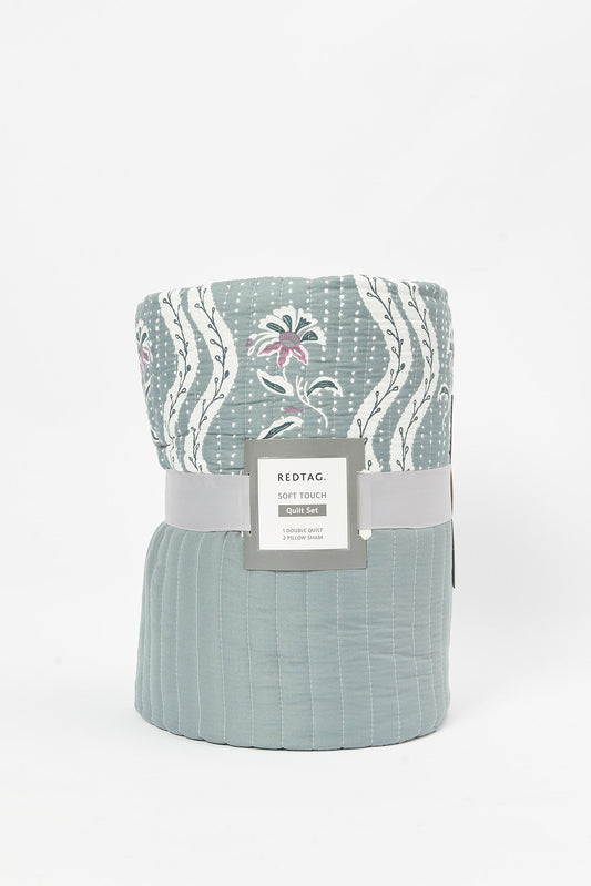Redtag-Purple-3-Piece-Floral-Printed-Quilt-Set-(Double-Size)-Category:Quilts,-Colour:Grey,-Deals:New-In,-Dept:Home,-Filter:Home-Bedroom,-HMW-BED-Quilts,-New-In-HMW-BED,-Non-Sale,-S23B,-Section:Homewares-Home-Bedroom-