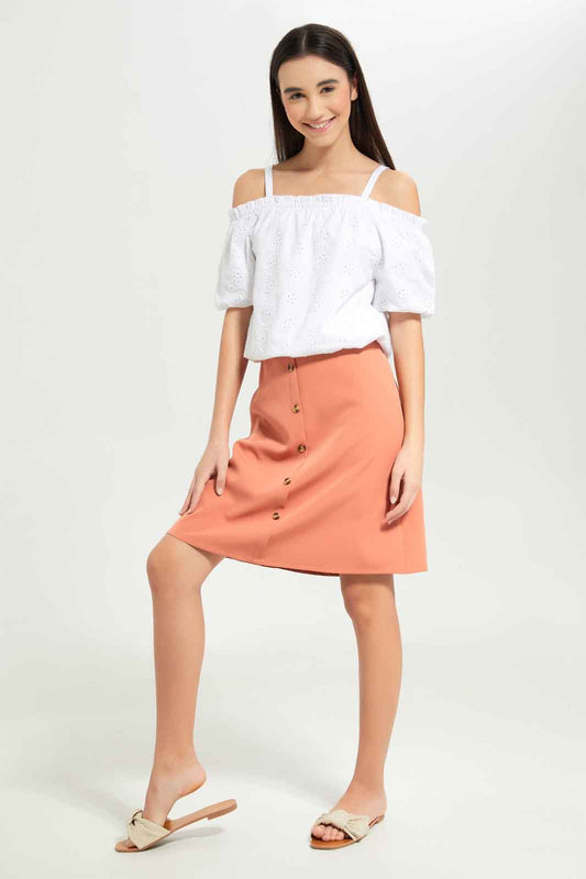 Redtag-Girls-Rust-Twill-Skirts-Category:Skirts,-Colour:Orange,-Deals:New-In,-Dept:Girls,-Filter:Senior-Girls-(8-to-14-Yrs),-GSR-Skirts,-New-In-GSR-APL,-Non-Sale,-S23B,-Section:Girls-(0-to-14Yrs)-Senior-Girls-9 to 14 Years