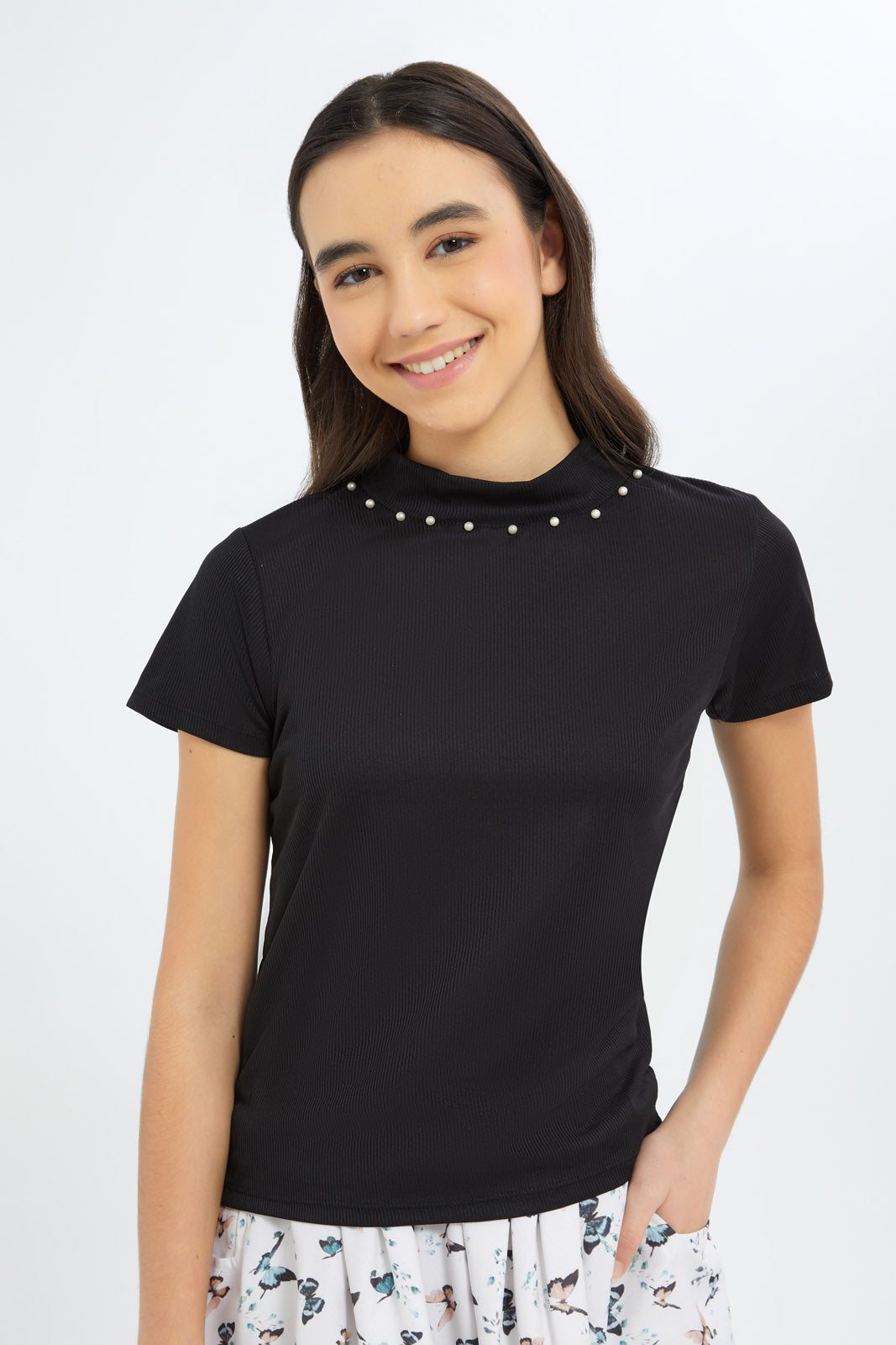 Redtag-Girls-Black-S/S-Highneck-Rib-Top-Category:T-Shirts,-Colour:Black,-Deals:2-FOR-49,-Deals:New-In,-Dept:Girls,-Filter:Senior-Girls-(8-to-14-Yrs),-GSR-T-Shirts,-H1:KWR,-H2:GSR,-H3:TSH,-H4:CAT,-New-In-GSR-APL,-Non-Sale,-S23B,-Season:S23B,-Section:Girls-(0-to-14Yrs),-TBL-Senior-Girls-9 to 14 Years
