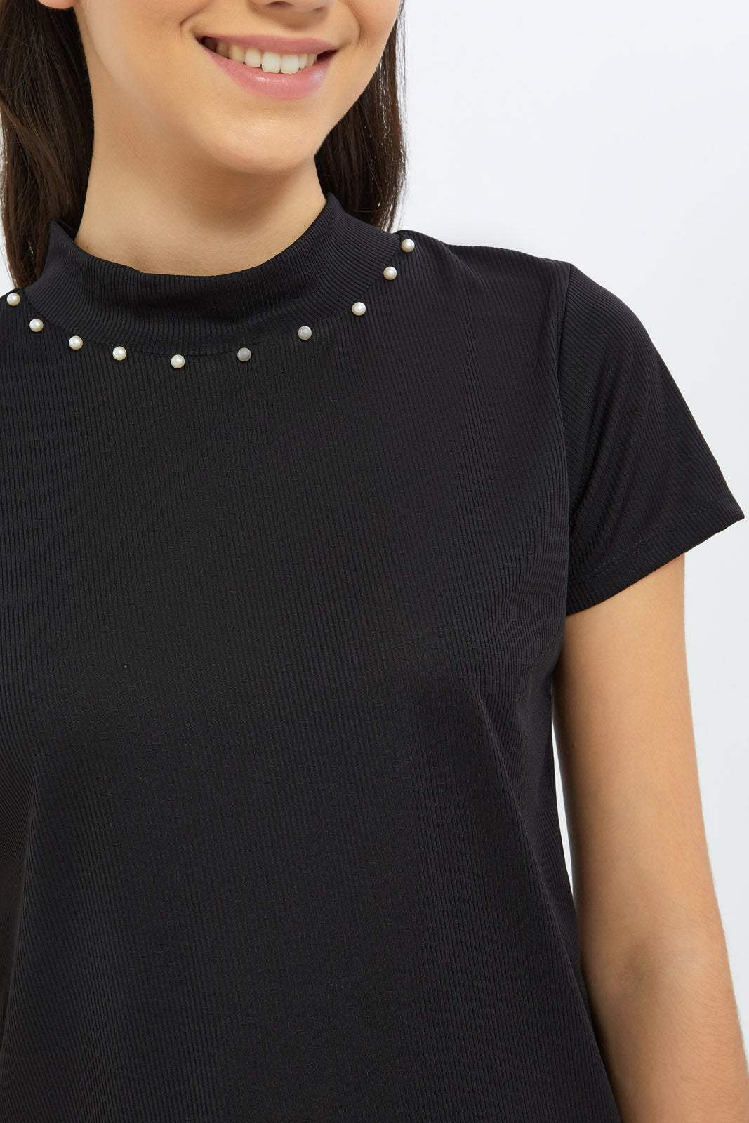 Redtag-Girls-Black-S/S-Highneck-Rib-Top-Category:T-Shirts,-Colour:Black,-Deals:2-FOR-49,-Deals:New-In,-Dept:Girls,-Filter:Senior-Girls-(8-to-14-Yrs),-GSR-T-Shirts,-H1:KWR,-H2:GSR,-H3:TSH,-H4:CAT,-New-In-GSR-APL,-Non-Sale,-S23B,-Season:S23B,-Section:Girls-(0-to-14Yrs),-TBL-Senior-Girls-9 to 14 Years