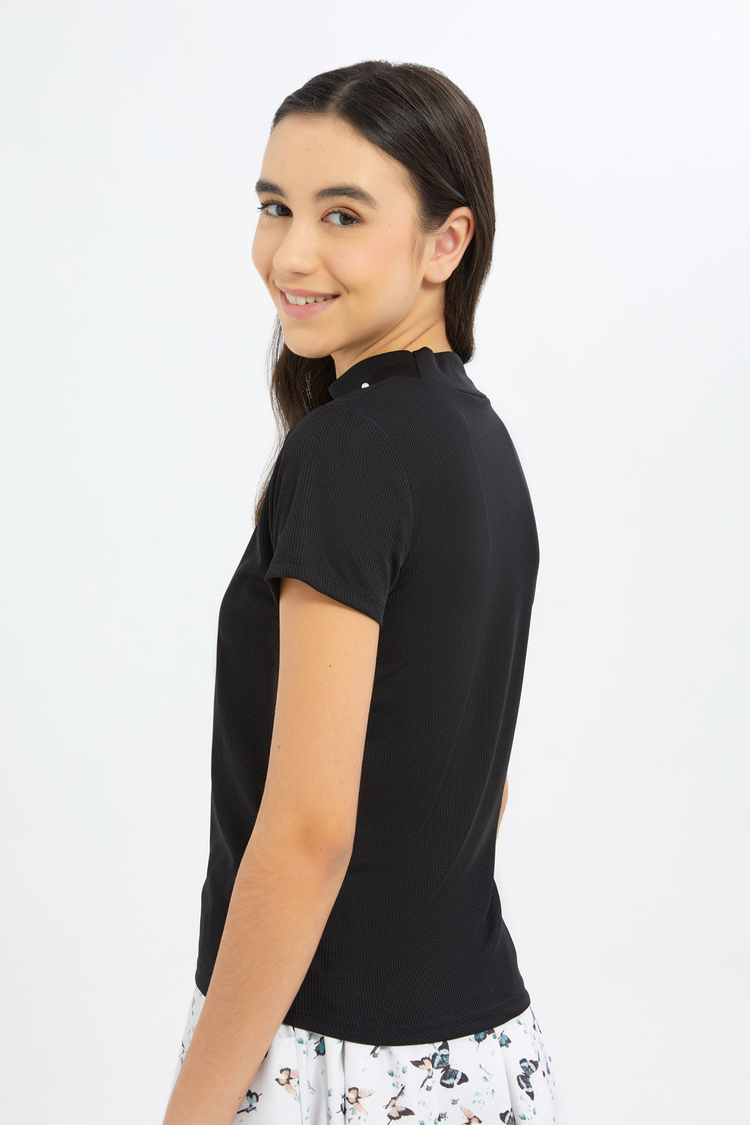 Redtag-Girls-Black-S/S-Highneck-Rib-Top-Category:T-Shirts,-Colour:Black,-Deals:2-FOR-49,-Deals:New-In,-Dept:Girls,-Filter:Senior-Girls-(8-to-14-Yrs),-GSR-T-Shirts,-H1:KWR,-H2:GSR,-H3:TSH,-H4:CAT,-New-In-GSR-APL,-Non-Sale,-S23B,-Season:S23B,-Section:Girls-(0-to-14Yrs),-TBL-Senior-Girls-9 to 14 Years