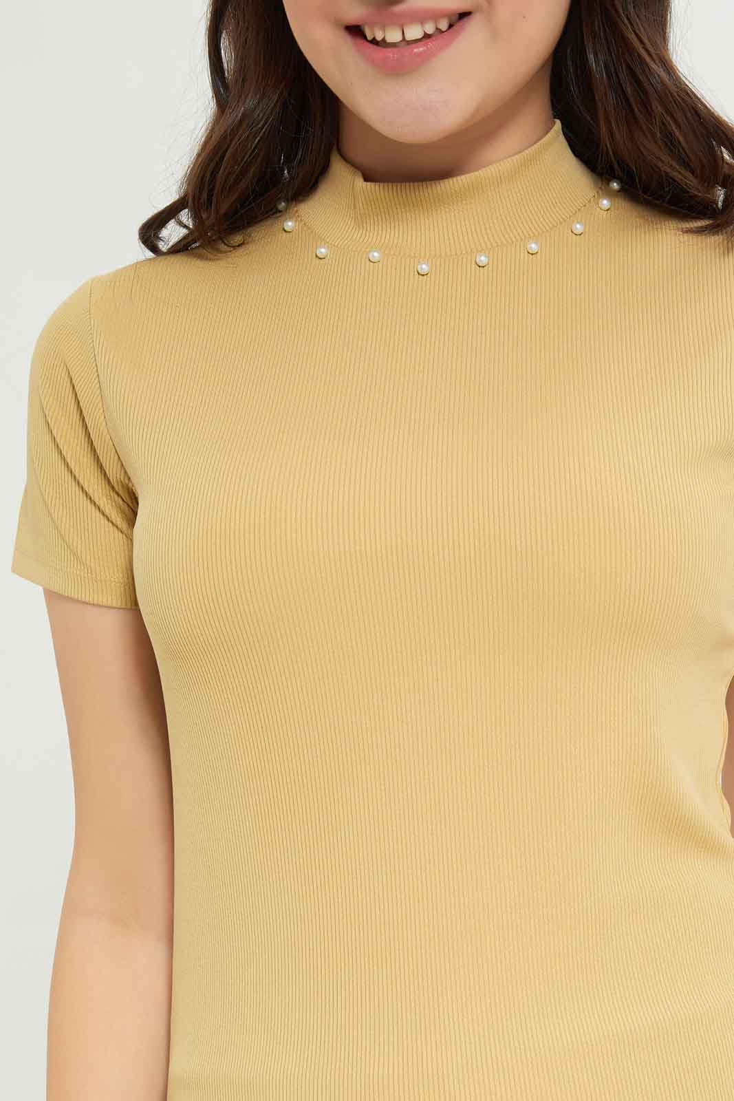 Redtag-Girls-Beige-S/S-Highneck-Rib-Top-Category:T-Shirts,-Colour:Beige,-Deals:New-In,-Dept:Girls,-Filter:Senior-Girls-(8-to-14-Yrs),-GSR-T-Shirts,-New-In-GSR-APL,-Non-Sale,-S23B,-Section:Girls-(0-to-14Yrs),-TBL-Senior-Girls-9 to 14 Years