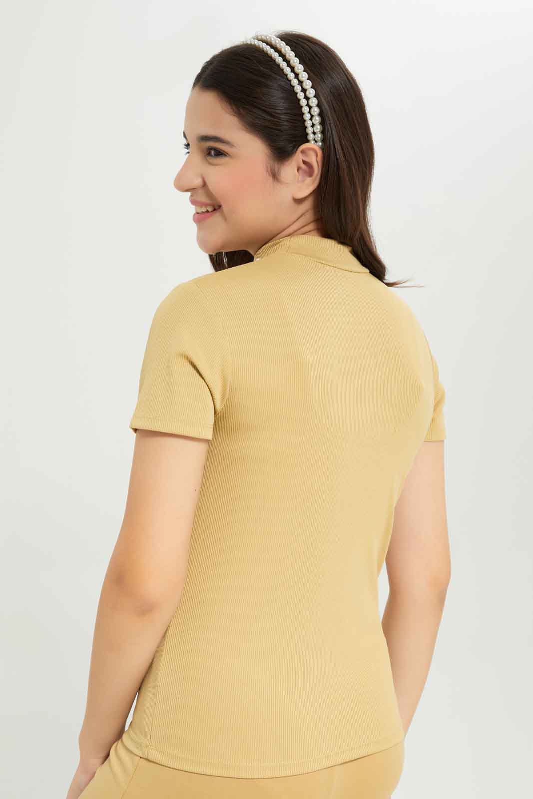 Redtag-Girls-Beige-S/S-Highneck-Rib-Top-Category:T-Shirts,-Colour:Beige,-Deals:New-In,-Dept:Girls,-Filter:Senior-Girls-(8-to-14-Yrs),-GSR-T-Shirts,-New-In-GSR-APL,-Non-Sale,-S23B,-Section:Girls-(0-to-14Yrs),-TBL-Senior-Girls-9 to 14 Years