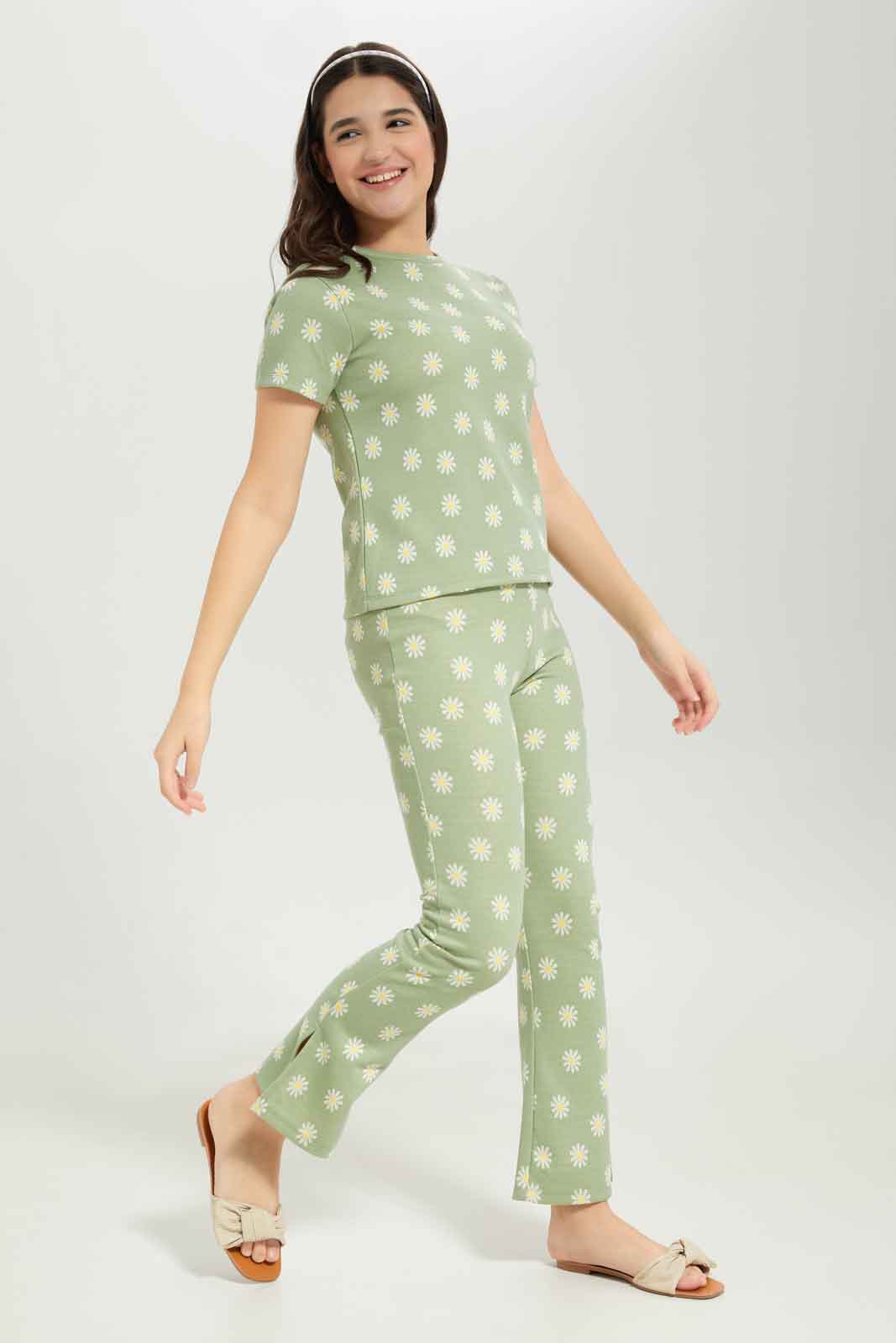 Redtag-Girls-Sage-Flower-Jacquard-Flared-Pants-Category:Trousers,-Colour:Green,-Deals:New-In,-Dept:Girls,-Filter:Senior-Girls-(8-to-14-Yrs),-GSR-Trousers,-New-In-GSR-APL,-Non-Sale,-S23B,-Section:Girls-(0-to-14Yrs),-TBL-Senior-Girls-9 to 14 Years