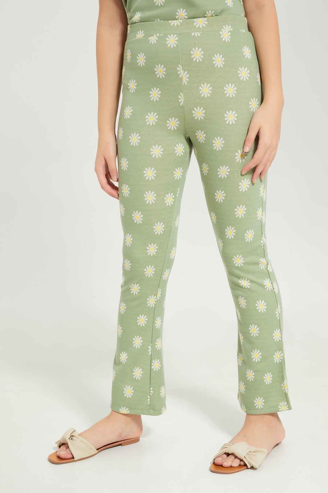 Redtag-Girls-Sage-Flower-Jacquard-Flared-Pants-Category:Trousers,-Colour:Green,-Deals:New-In,-Dept:Girls,-Filter:Senior-Girls-(8-to-14-Yrs),-GSR-Trousers,-New-In-GSR-APL,-Non-Sale,-S23B,-Section:Girls-(0-to-14Yrs),-TBL-Senior-Girls-9 to 14 Years
