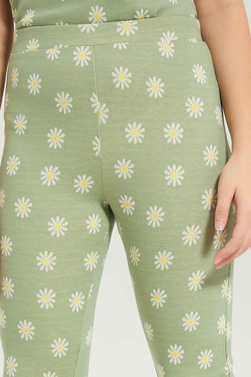 Redtag-Girls-Sage-Flower-Jacquard-Flared-Pants-Category:Trousers,-Colour:Green,-Deals:New-In,-Dept:Girls,-Filter:Senior-Girls-(8-to-14-Yrs),-GSR-Trousers,-New-In-GSR-APL,-Non-Sale,-S23B,-Section:Girls-(0-to-14Yrs),-TBL-Senior-Girls-9 to 14 Years