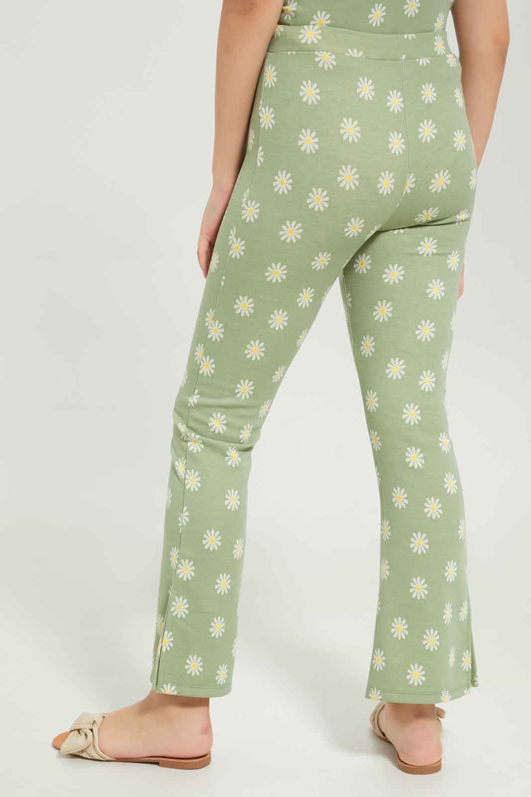 Redtag-Girls-Sage-Flower-Jacquard-Flared-Pants-Category:Trousers,-Colour:Green,-Deals:New-In,-Dept:Girls,-Filter:Senior-Girls-(8-to-14-Yrs),-GSR-Trousers,-New-In-GSR-APL,-Non-Sale,-S23B,-Section:Girls-(0-to-14Yrs),-TBL-Senior-Girls-9 to 14 Years