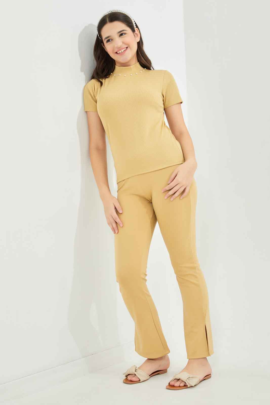 Redtag-Girls-Beige-Jacquard-Flared-Pants-Category:Trousers,-Colour:Beige,-Deals:New-In,-Dept:Girls,-Filter:Senior-Girls-(8-to-14-Yrs),-GSR-Trousers,-New-In-GSR-APL,-Non-Sale,-S23B,-Section:Girls-(0-to-14Yrs),-TBL-Senior-Girls-9 to 14 Years
