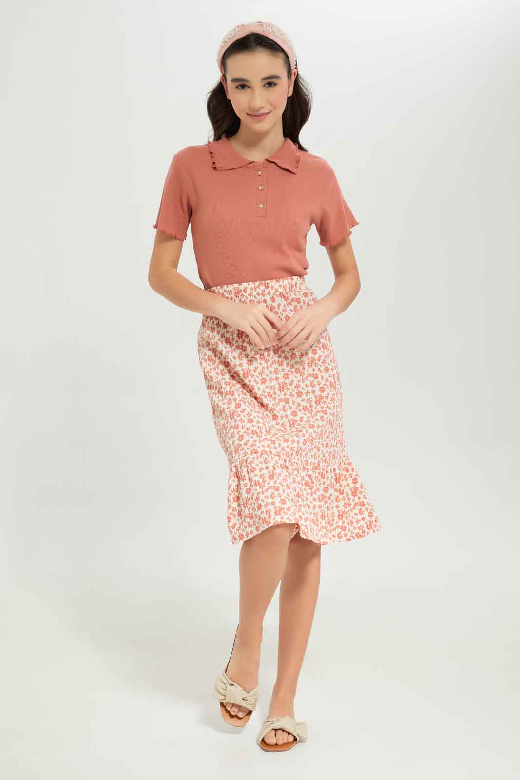 Redtag-Girls-White/Rust-Floral-Print-Jacquard-Skirts-Category:Skirts,-Colour:Orange,-Deals:New-In,-Dept:Girls,-Filter:Senior-Girls-(8-to-14-Yrs),-GSR-Skirts,-New-In-GSR-APL,-Non-Sale,-S23B,-Section:Girls-(0-to-14Yrs)-Senior-Girls-9 to 14 Years