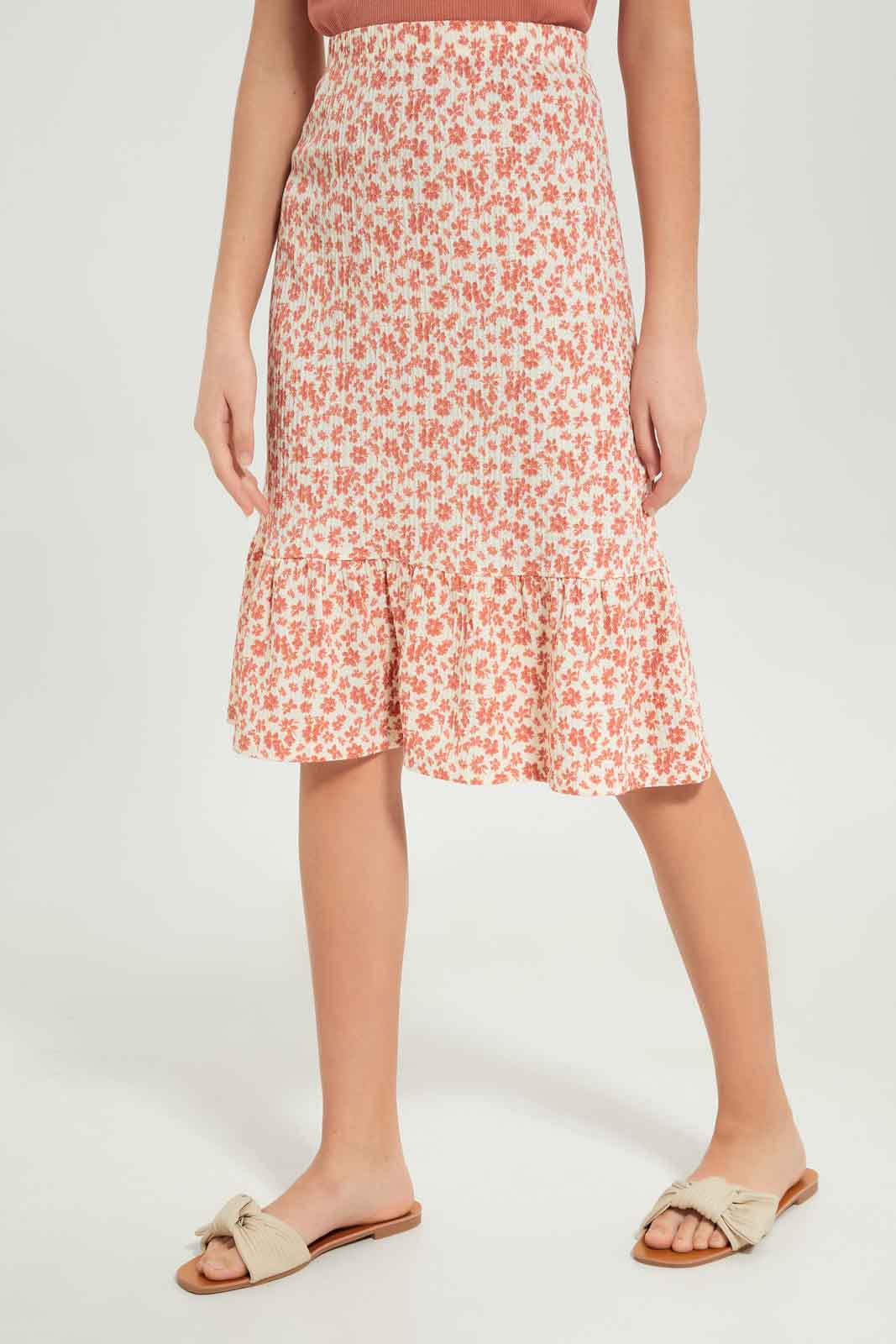 Redtag-Girls-White/Rust-Floral-Print-Jacquard-Skirts-Category:Skirts,-Colour:Orange,-Deals:New-In,-Dept:Girls,-Filter:Senior-Girls-(8-to-14-Yrs),-GSR-Skirts,-New-In-GSR-APL,-Non-Sale,-S23B,-Section:Girls-(0-to-14Yrs)-Senior-Girls-9 to 14 Years