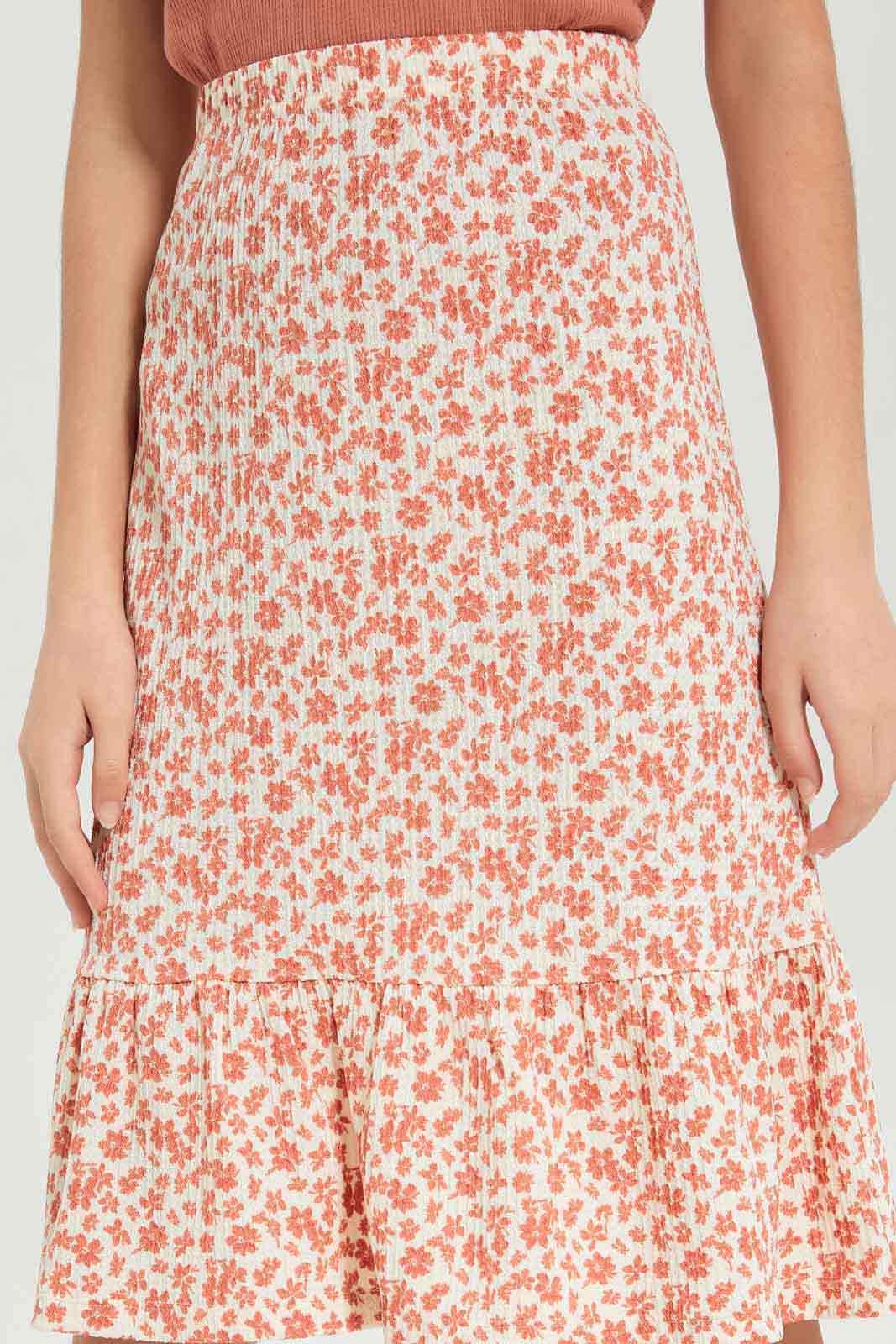 Redtag-Girls-White/Rust-Floral-Print-Jacquard-Skirts-Category:Skirts,-Colour:Orange,-Deals:New-In,-Dept:Girls,-Filter:Senior-Girls-(8-to-14-Yrs),-GSR-Skirts,-New-In-GSR-APL,-Non-Sale,-S23B,-Section:Girls-(0-to-14Yrs)-Senior-Girls-9 to 14 Years
