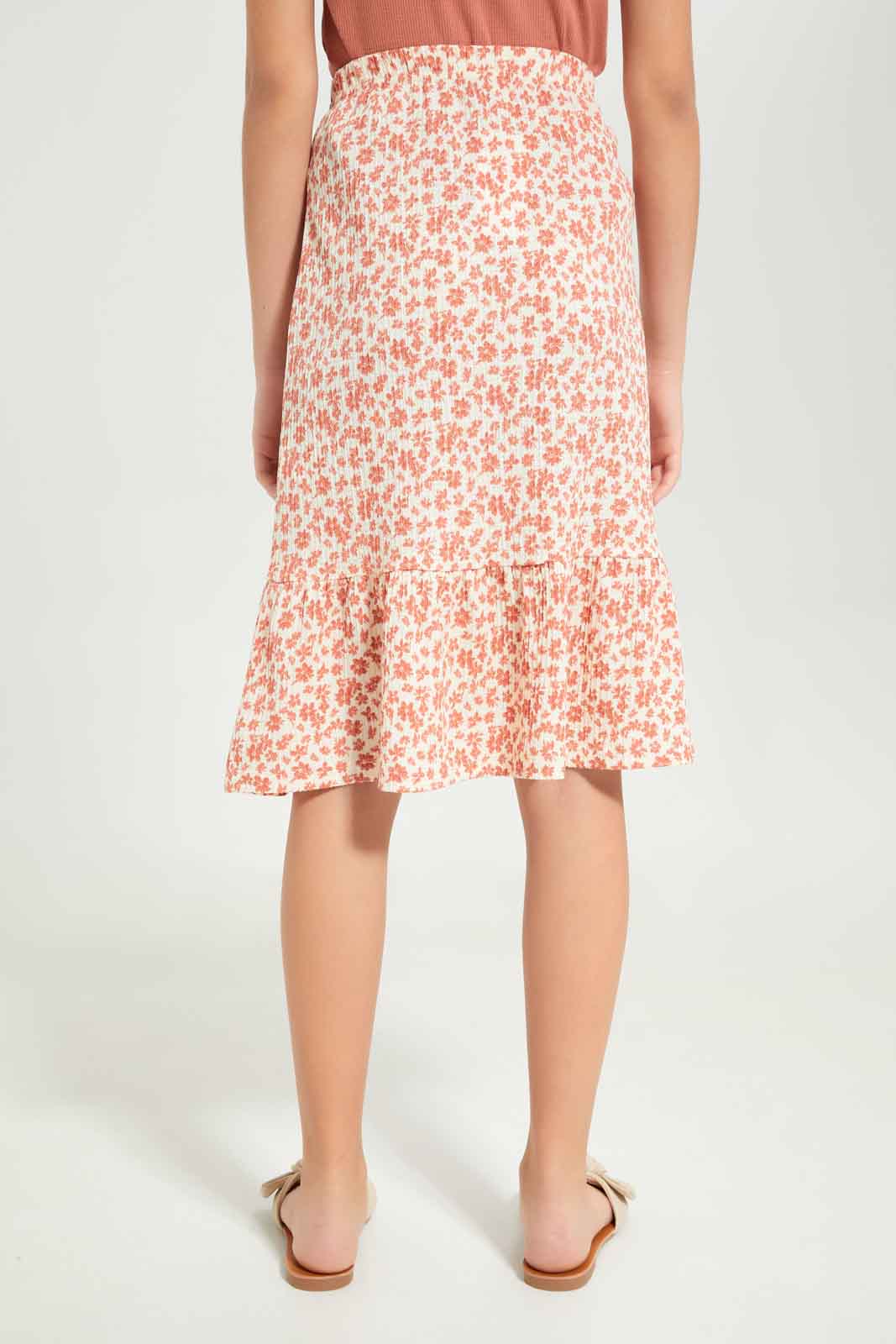 Redtag-Girls-White/Rust-Floral-Print-Jacquard-Skirts-Category:Skirts,-Colour:Orange,-Deals:New-In,-Dept:Girls,-Filter:Senior-Girls-(8-to-14-Yrs),-GSR-Skirts,-New-In-GSR-APL,-Non-Sale,-S23B,-Section:Girls-(0-to-14Yrs)-Senior-Girls-9 to 14 Years
