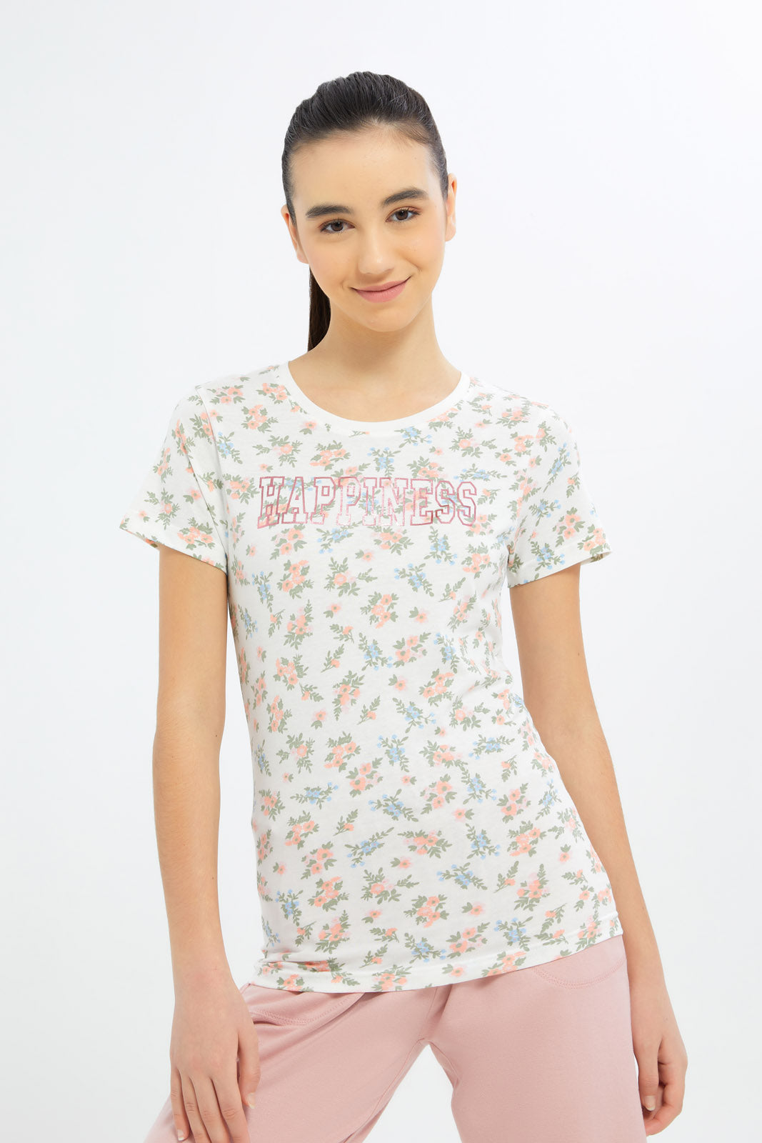 Redtag-Girls-White-Flower-T-Shirt-Category:T-Shirts,-Colour:White,-Deals:2-FOR-37,-Deals:New-In,-Dept:Girls,-Filter:Senior-Girls-(8-to-14-Yrs),-GSR-T-Shirts,-H1:KWR,-H2:GSR,-H3:TSH,-H4:CAT,-New-In-GSR-APL,-Non-Sale,-S23B,-Season:S23B,-Section:Girls-(0-to-14Yrs),-TBL-Senior-Girls-9 to 14 Years