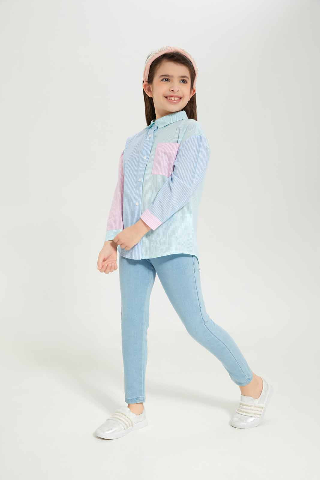 Redtag-Girls-Ls-Oversized-Linen-Shirt---Multicoloured-Stripe-Category:Blouses,-Colour:Blue,-Deals:New-In,-Dept:Girls,-Filter:Girls-(2-to-8-Yrs),-GIR-Blouses,-New-In-GIR-APL,-Non-Sale,-S23A,-Section:Girls-(0-to-14Yrs)-Girls-