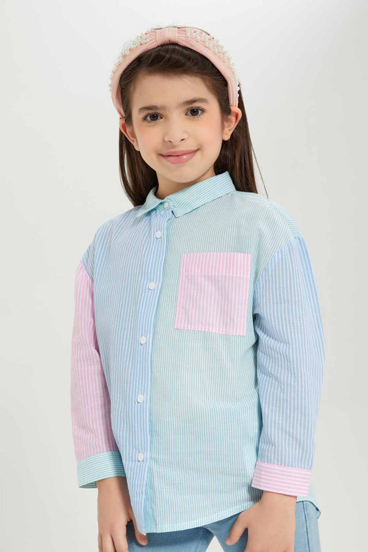 Redtag-Girls-Ls-Oversized-Linen-Shirt---Multicoloured-Stripe-Category:Blouses,-Colour:Blue,-Deals:New-In,-Dept:Girls,-Filter:Girls-(2-to-8-Yrs),-GIR-Blouses,-New-In-GIR-APL,-Non-Sale,-S23A,-Section:Girls-(0-to-14Yrs)-Girls-