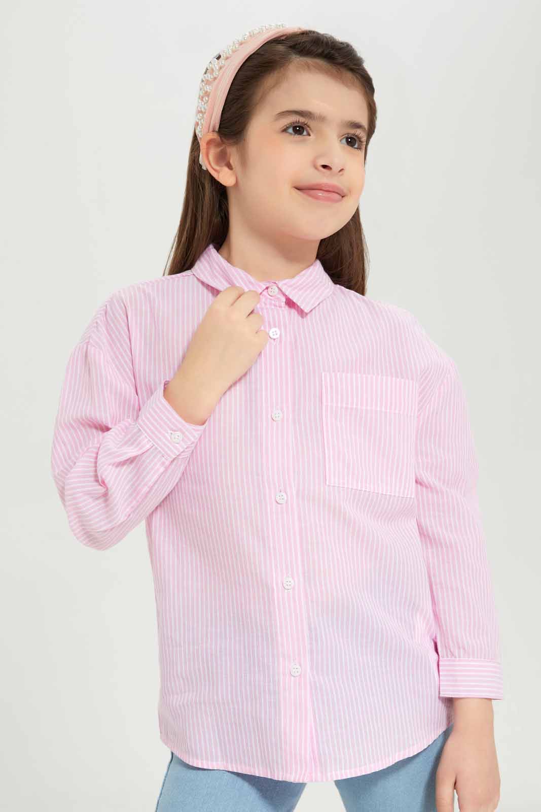 Redtag-Girls-Ls-Oversized-Linen-Shirt---Pale-Pink-Stripe-Category:Blouses,-Colour:Apricot,-Deals:New-In,-Dept:Girls,-Filter:Girls-(2-to-8-Yrs),-GIR-Blouses,-New-In-GIR-APL,-Non-Sale,-S23A,-Section:Girls-(0-to-14Yrs)-Girls-