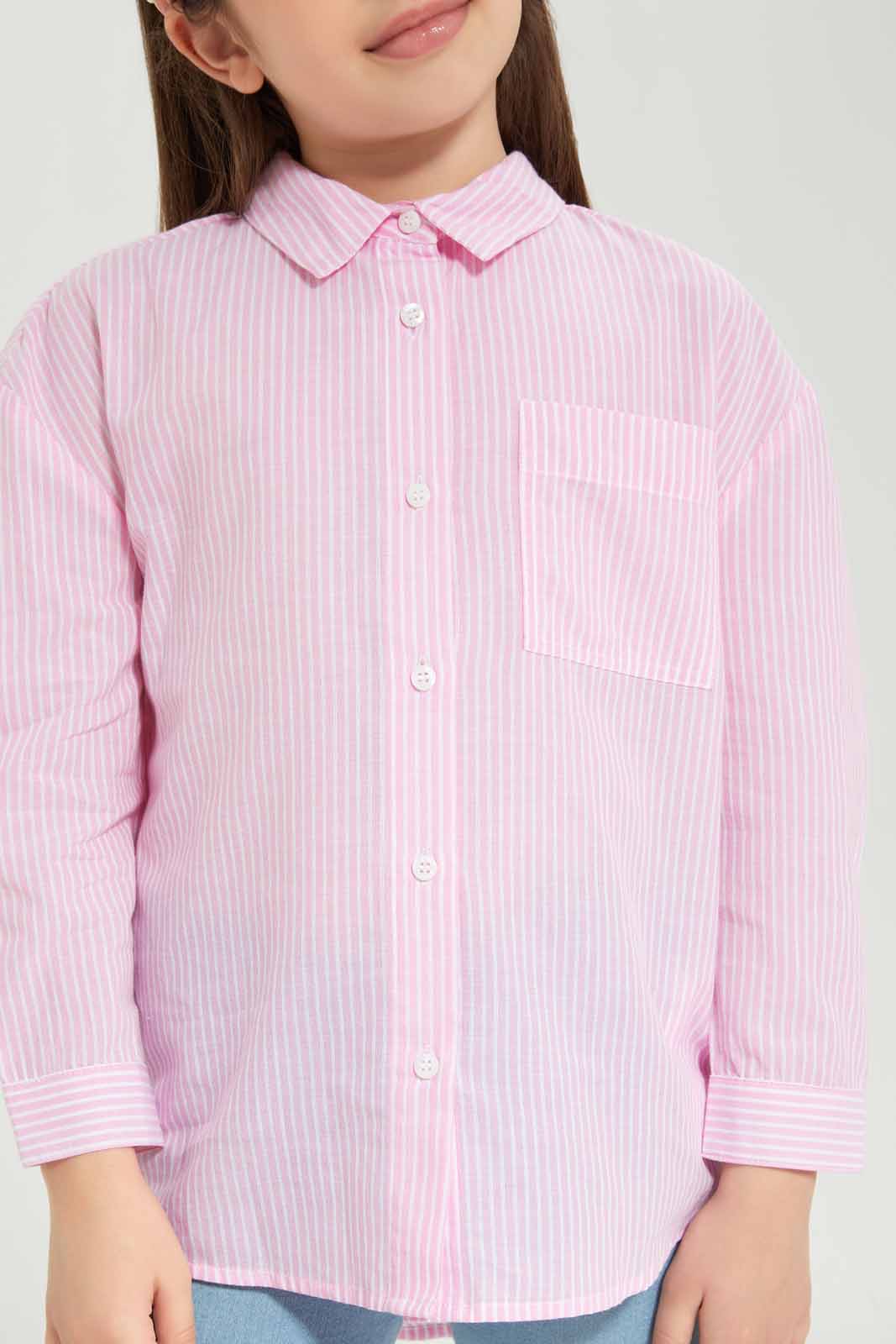 Redtag-Girls-Ls-Oversized-Linen-Shirt---Pale-Pink-Stripe-Category:Blouses,-Colour:Apricot,-Deals:New-In,-Dept:Girls,-Filter:Girls-(2-to-8-Yrs),-GIR-Blouses,-New-In-GIR-APL,-Non-Sale,-S23A,-Section:Girls-(0-to-14Yrs)-Girls-