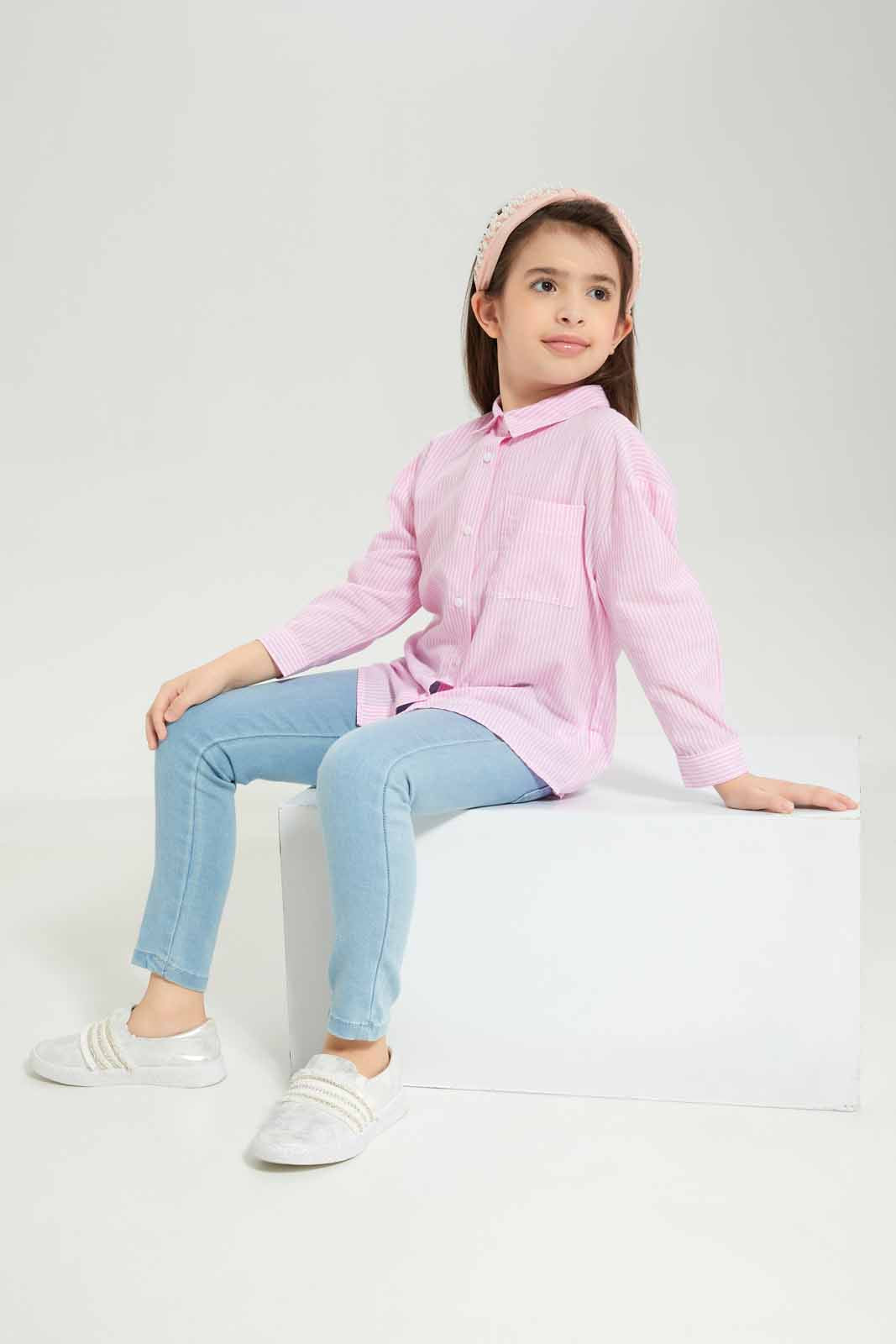 Redtag-Girls-Ls-Oversized-Linen-Shirt---Pale-Pink-Stripe-Category:Blouses,-Colour:Apricot,-Deals:New-In,-Dept:Girls,-Filter:Girls-(2-to-8-Yrs),-GIR-Blouses,-New-In-GIR-APL,-Non-Sale,-S23A,-Section:Girls-(0-to-14Yrs)-Girls-