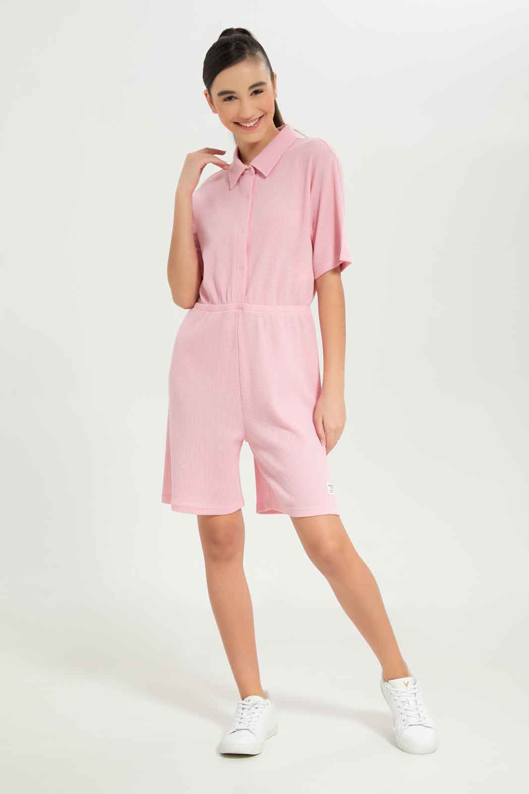 Redtag-Girls-Pink-Waffle-Playsuit-Category:Dresses,-Colour:Apricot,-Deals:New-In,-Dept:Girls,-Filter:Senior-Girls-(8-to-14-Yrs),-GSR-Dresses,-New-In-GSR-APL,-Non-Sale,-S23B,-Section:Girls-(0-to-14Yrs)-Senior-Girls-9 to 14 Years