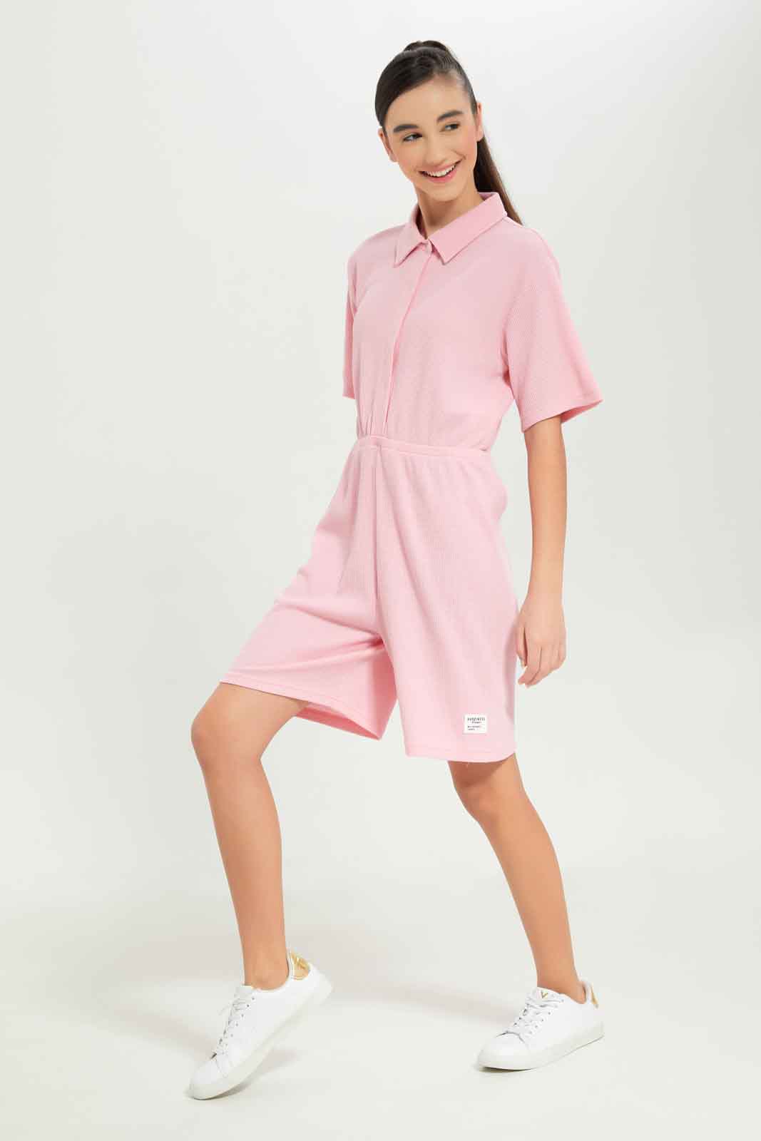 Redtag-Girls-Pink-Waffle-Playsuit-Category:Dresses,-Colour:Apricot,-Deals:New-In,-Dept:Girls,-Filter:Senior-Girls-(8-to-14-Yrs),-GSR-Dresses,-New-In-GSR-APL,-Non-Sale,-S23B,-Section:Girls-(0-to-14Yrs)-Senior-Girls-9 to 14 Years