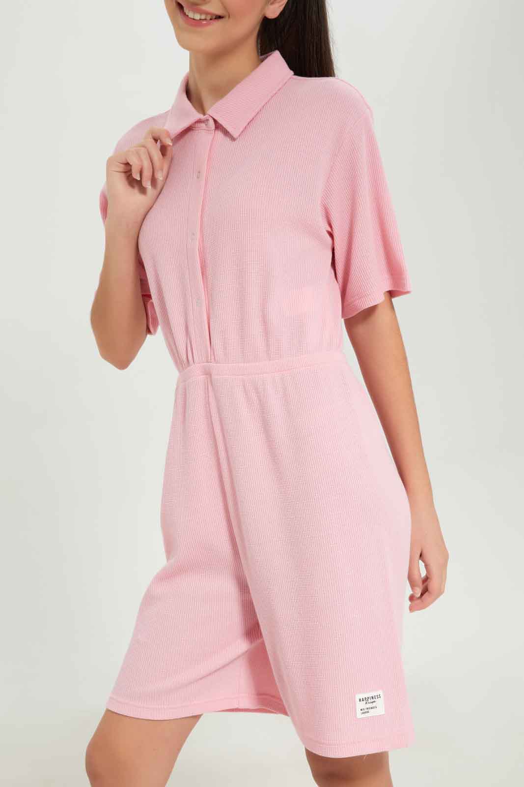 Redtag-Girls-Pink-Waffle-Playsuit-Category:Dresses,-Colour:Apricot,-Deals:New-In,-Dept:Girls,-Filter:Senior-Girls-(8-to-14-Yrs),-GSR-Dresses,-New-In-GSR-APL,-Non-Sale,-S23B,-Section:Girls-(0-to-14Yrs)-Senior-Girls-9 to 14 Years