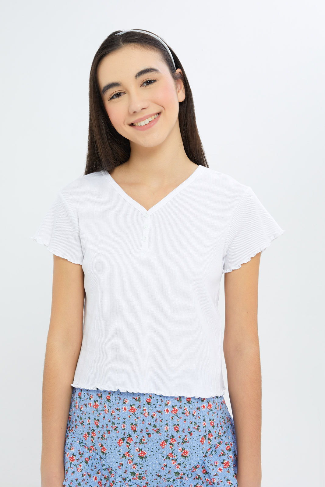 Redtag-Girls-White-V-Neck-Rib-Top-Category:T-Shirts,-Colour:White,-Deals:New-In,-Dept:Girls,-Filter:Senior-Girls-(8-to-14-Yrs),-GSR-T-Shirts,-H1:KWR,-H2:GSR,-H3:TSH,-H4:CAT,-New-In-GSR-APL,-Non-Sale,-Promo:TBL,-S23B,-Season:S23B,-Section:Girls-(0-to-14Yrs),-TBL-Senior-Girls-9 to 14 Years