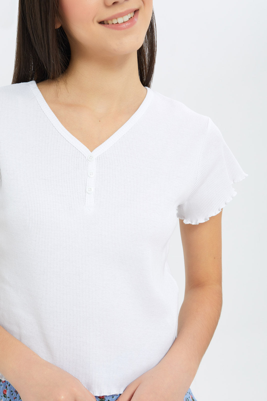 Redtag-Girls-White-V-Neck-Rib-Top-Category:T-Shirts,-Colour:White,-Deals:New-In,-Dept:Girls,-Filter:Senior-Girls-(8-to-14-Yrs),-GSR-T-Shirts,-H1:KWR,-H2:GSR,-H3:TSH,-H4:CAT,-New-In-GSR-APL,-Non-Sale,-Promo:TBL,-S23B,-Season:S23B,-Section:Girls-(0-to-14Yrs),-TBL-Senior-Girls-9 to 14 Years