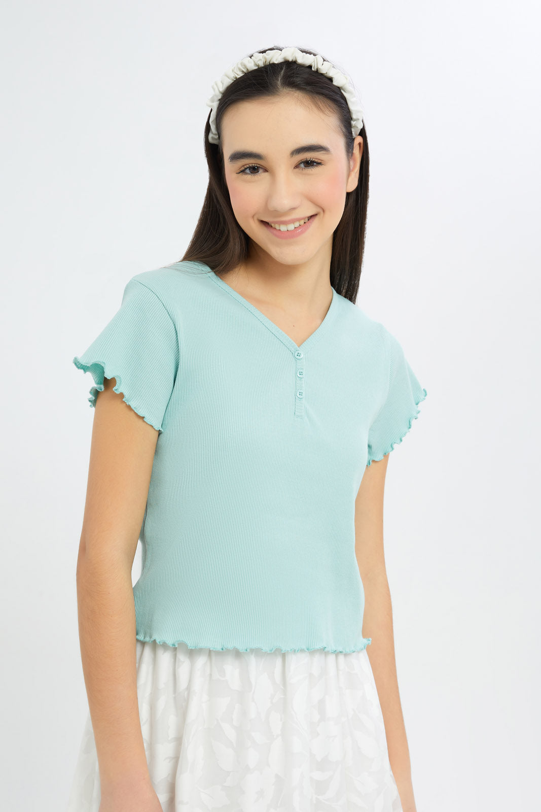 Redtag-Girls-Mint-V-Neck-Rib-Top-Category:T-Shirts,-Colour:Green,-Deals:New-In,-Dept:Girls,-Filter:Senior-Girls-(8-to-14-Yrs),-GSR-T-Shirts,-H1:KWR,-H2:GSR,-H3:TSH,-H4:CAT,-New-In-GSR-APL,-Non-Sale,-Promo:TBL,-S23B,-Season:S23B,-Section:Girls-(0-to-14Yrs),-TBL-Senior-Girls-9 to 14 Years
