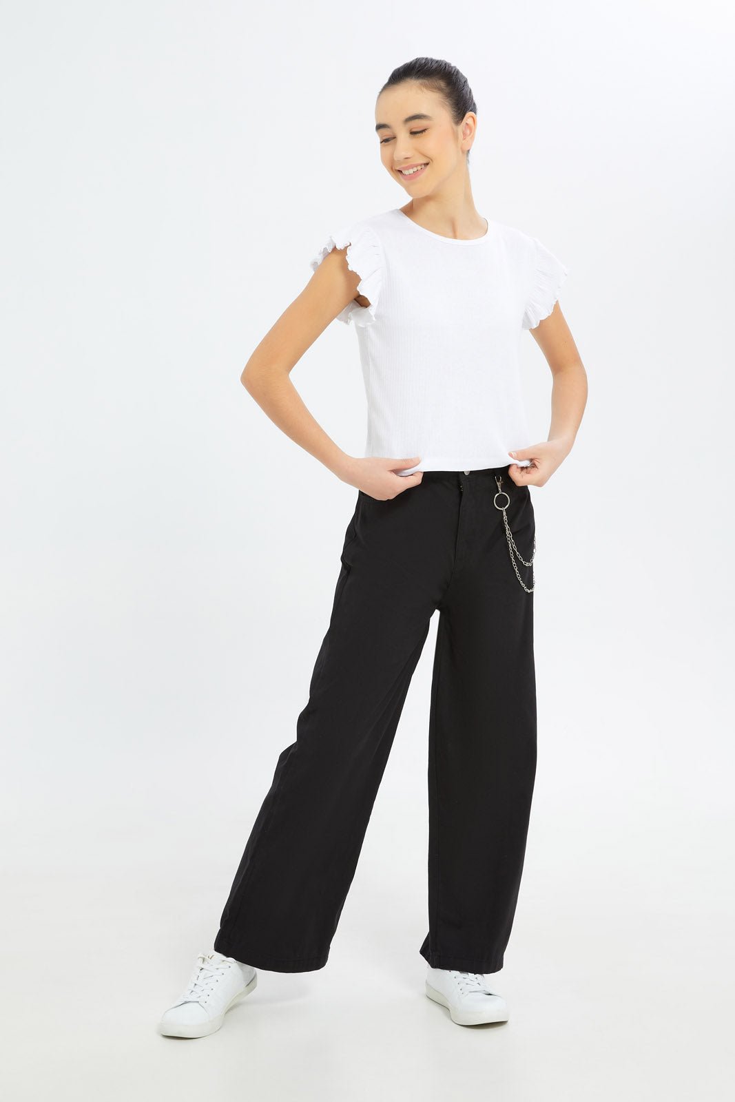 Redtag-Girls-White-Ruffles-Sleeve-Rib-Top-Category:T-Shirts,-Colour:White,-Deals:New-In,-Dept:Girls,-Filter:Senior-Girls-(8-to-14-Yrs),-GSR-T-Shirts,-H1:KWR,-H2:GSR,-H3:TSH,-H4:CAT,-New-In-GSR-APL,-Non-Sale,-S23B,-Season:S23B,-Section:Girls-(0-to-14Yrs),-TBL-Senior-Girls-9 to 14 Years