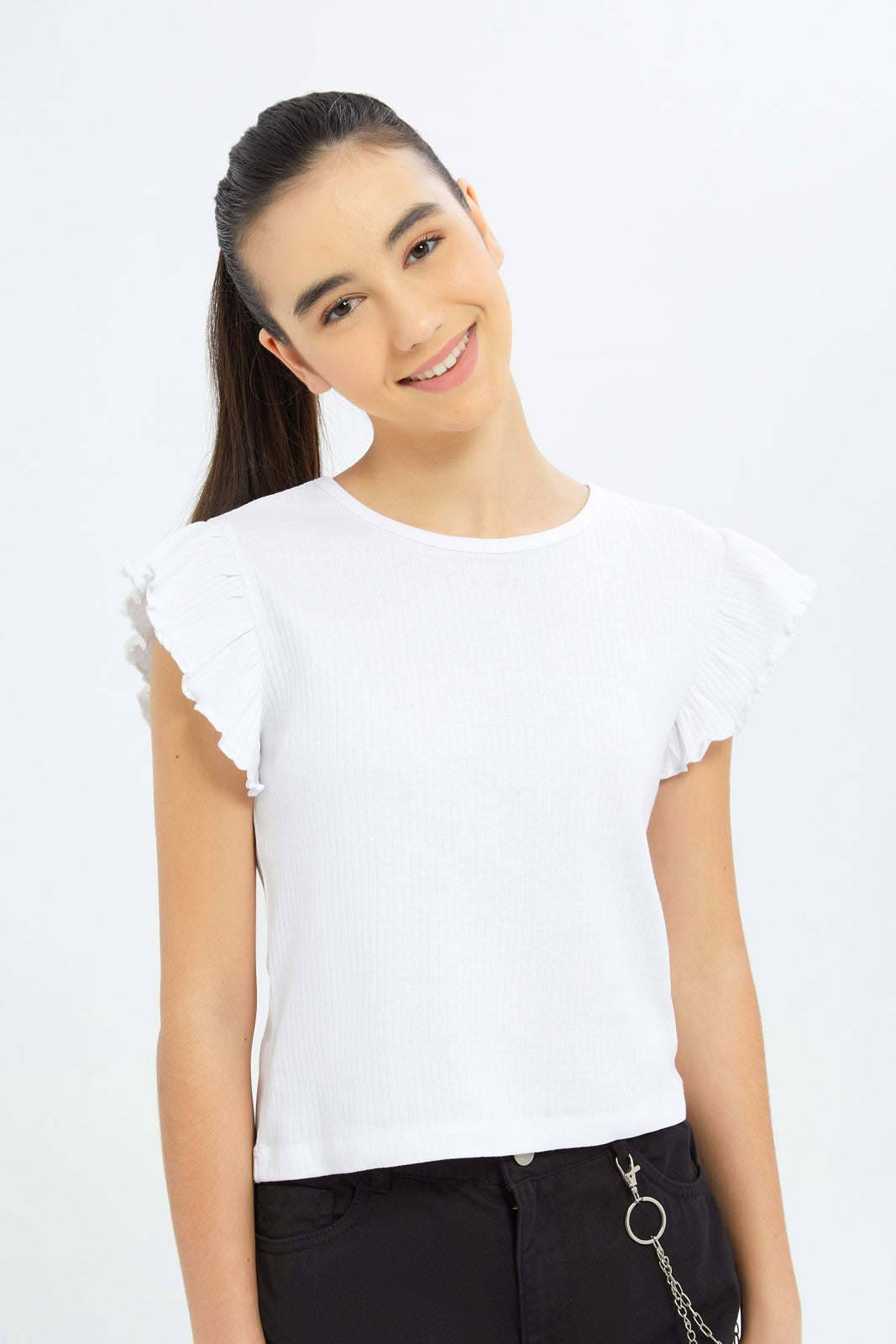 Redtag-Girls-White-Ruffles-Sleeve-Rib-Top-Category:T-Shirts,-Colour:White,-Deals:New-In,-Dept:Girls,-Filter:Senior-Girls-(8-to-14-Yrs),-GSR-T-Shirts,-H1:KWR,-H2:GSR,-H3:TSH,-H4:CAT,-New-In-GSR-APL,-Non-Sale,-S23B,-Season:S23B,-Section:Girls-(0-to-14Yrs),-TBL-Senior-Girls-9 to 14 Years