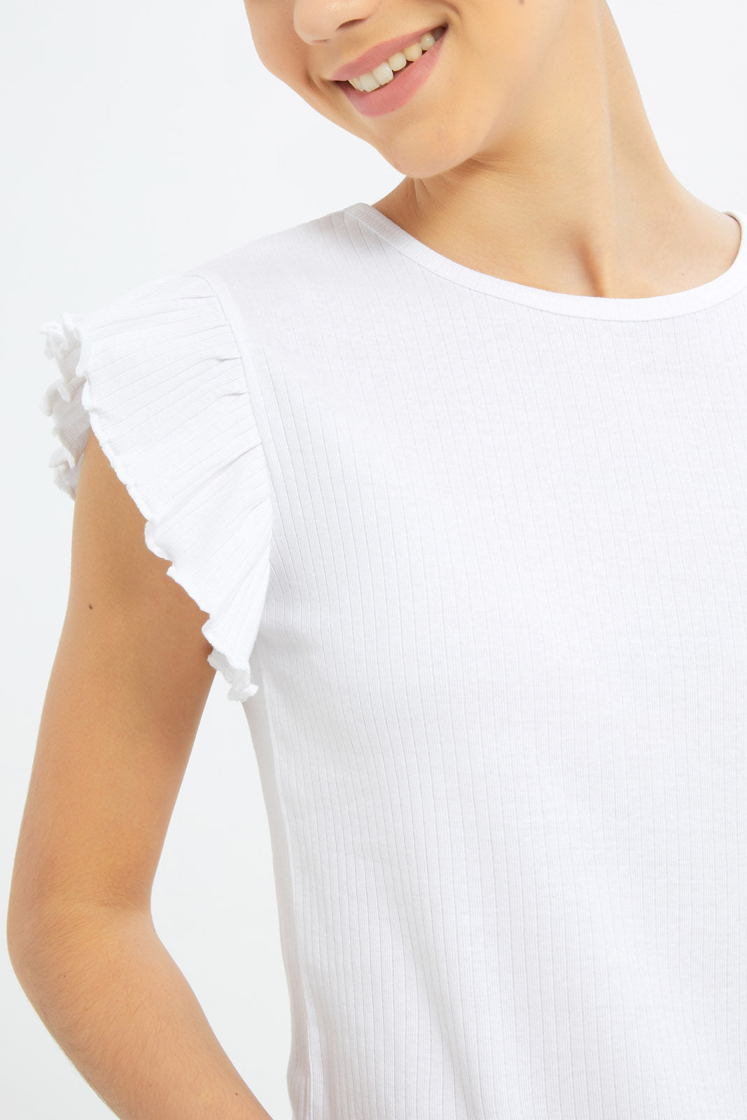 Redtag-Girls-White-Ruffles-Sleeve-Rib-Top-Category:T-Shirts,-Colour:White,-Deals:New-In,-Dept:Girls,-Filter:Senior-Girls-(8-to-14-Yrs),-GSR-T-Shirts,-H1:KWR,-H2:GSR,-H3:TSH,-H4:CAT,-New-In-GSR-APL,-Non-Sale,-S23B,-Season:S23B,-Section:Girls-(0-to-14Yrs),-TBL-Senior-Girls-9 to 14 Years