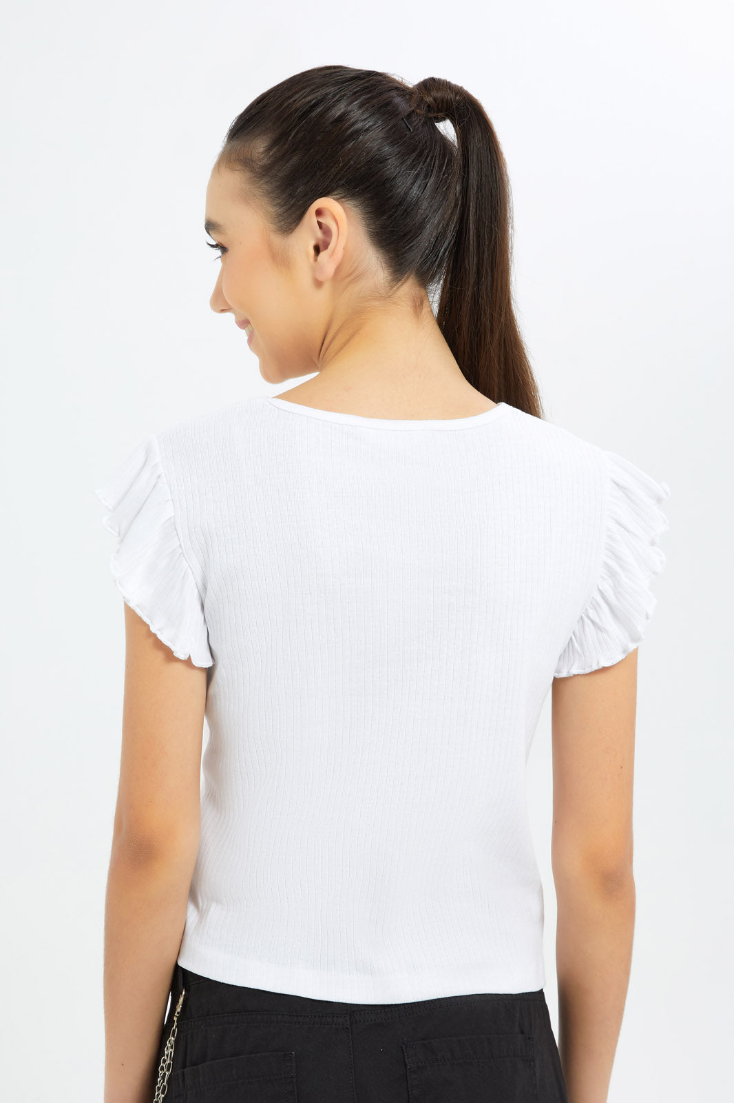 Redtag-Girls-White-Ruffles-Sleeve-Rib-Top-Category:T-Shirts,-Colour:White,-Deals:New-In,-Dept:Girls,-Filter:Senior-Girls-(8-to-14-Yrs),-GSR-T-Shirts,-H1:KWR,-H2:GSR,-H3:TSH,-H4:CAT,-New-In-GSR-APL,-Non-Sale,-S23B,-Season:S23B,-Section:Girls-(0-to-14Yrs),-TBL-Senior-Girls-9 to 14 Years