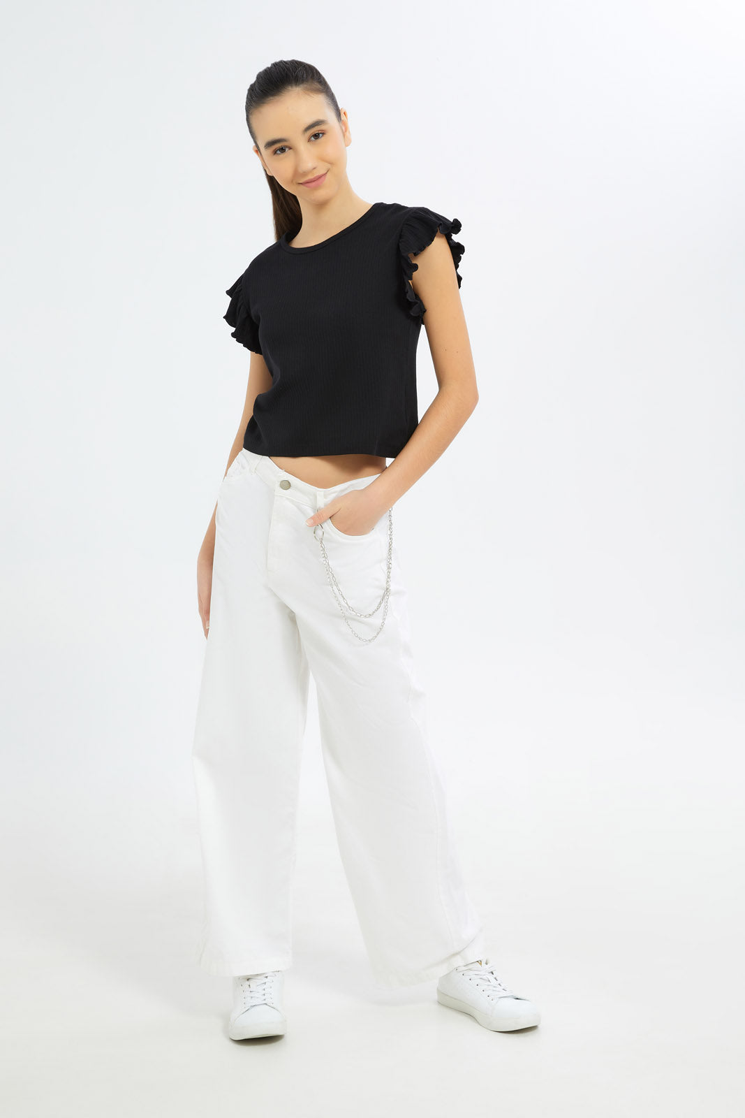 Redtag-Girls-Black-Ruffles-Sleeve-Rib-Top-Category:T-Shirts,-Colour:Black,-Deals:New-In,-Dept:Girls,-Filter:Senior-Girls-(8-to-14-Yrs),-GSR-T-Shirts,-H1:KWR,-H2:GSR,-H3:TSH,-H4:CAT,-New-In-GSR-APL,-Non-Sale,-S23B,-Season:S23B,-Section:Girls-(0-to-14Yrs),-TBL-Senior-Girls-9 to 14 Years