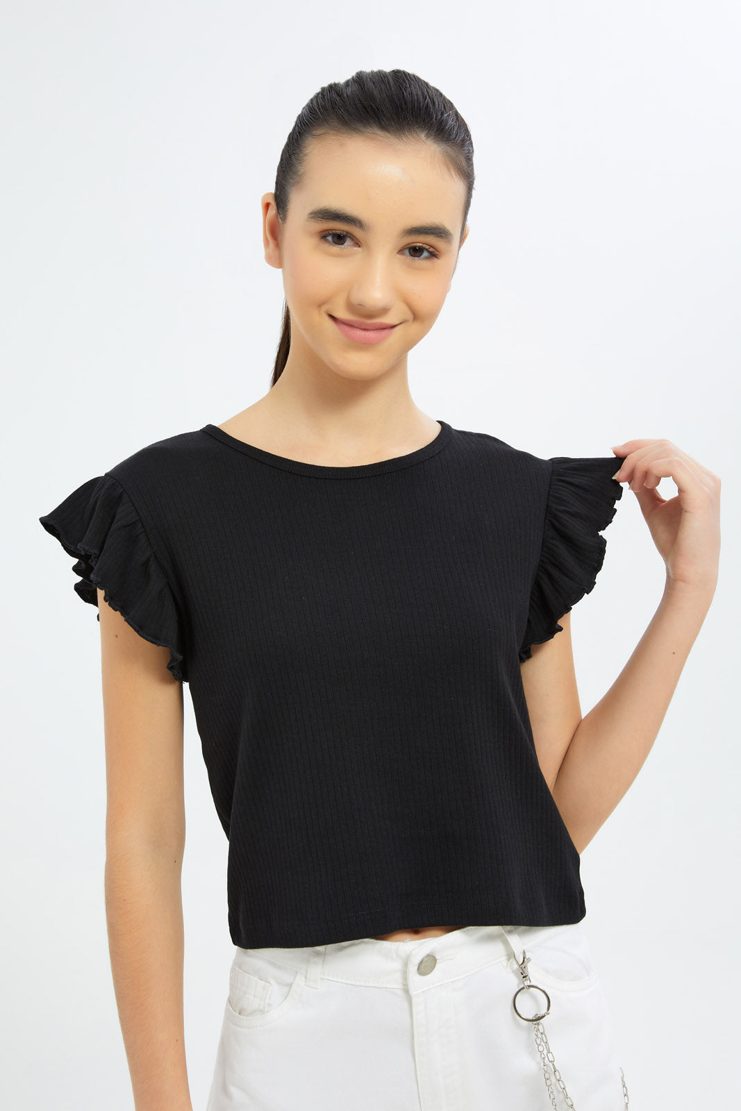 Redtag-Girls-Black-Ruffles-Sleeve-Rib-Top-Category:T-Shirts,-Colour:Black,-Deals:New-In,-Dept:Girls,-Filter:Senior-Girls-(8-to-14-Yrs),-GSR-T-Shirts,-H1:KWR,-H2:GSR,-H3:TSH,-H4:CAT,-New-In-GSR-APL,-Non-Sale,-S23B,-Season:S23B,-Section:Girls-(0-to-14Yrs),-TBL-Senior-Girls-9 to 14 Years