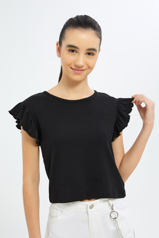 Redtag-Girls-Black-Ruffles-Sleeve-Rib-Top-Category:T-Shirts,-Colour:Black,-Deals:New-In,-Dept:Girls,-Filter:Senior-Girls-(8-to-14-Yrs),-GSR-T-Shirts,-H1:KWR,-H2:GSR,-H3:TSH,-H4:CAT,-New-In-GSR-APL,-Non-Sale,-S23B,-Season:S23B,-Section:Girls-(0-to-14Yrs),-TBL-Senior-Girls-9 to 14 Years
