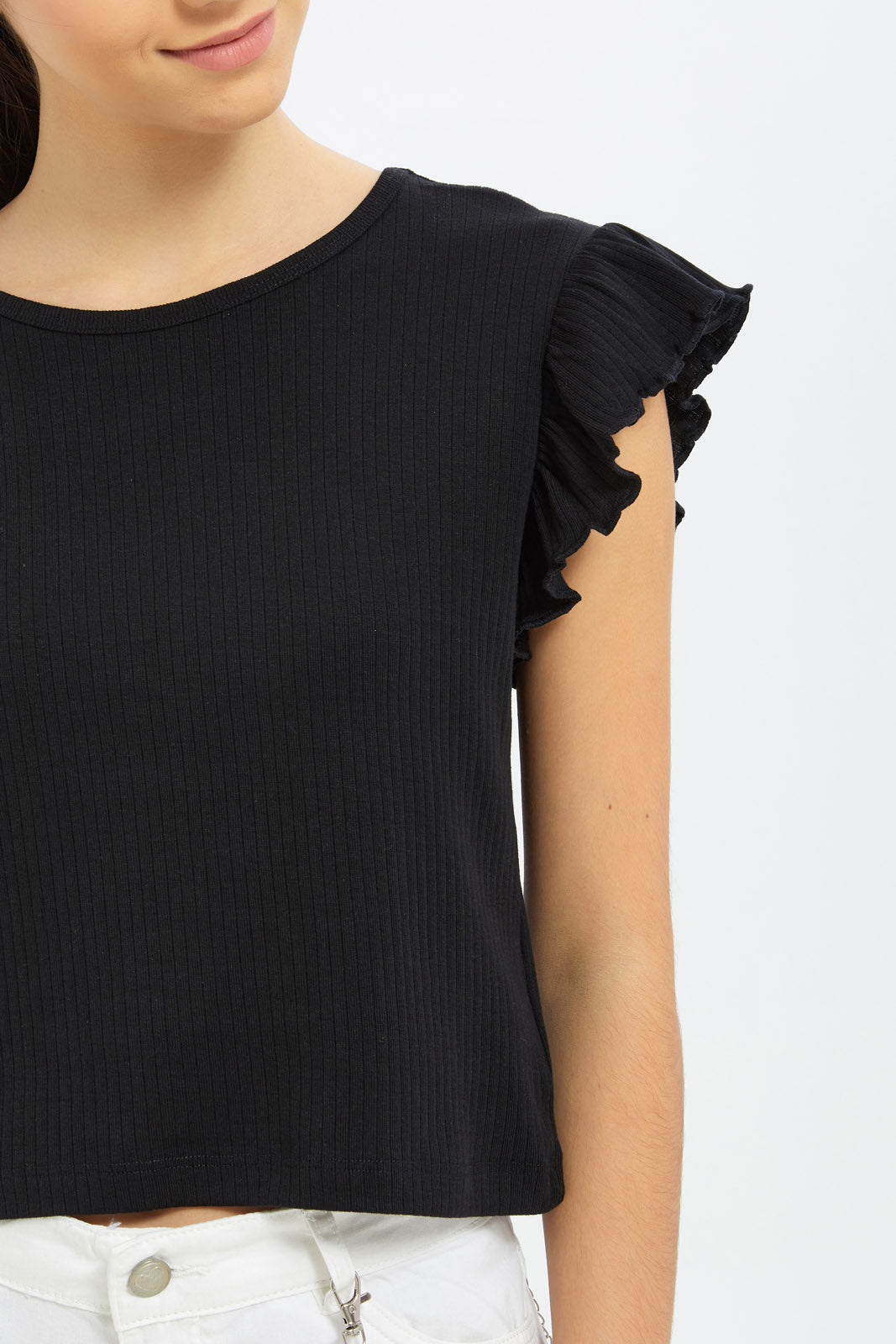 Redtag-Girls-Black-Ruffles-Sleeve-Rib-Top-Category:T-Shirts,-Colour:Black,-Deals:New-In,-Dept:Girls,-Filter:Senior-Girls-(8-to-14-Yrs),-GSR-T-Shirts,-H1:KWR,-H2:GSR,-H3:TSH,-H4:CAT,-New-In-GSR-APL,-Non-Sale,-S23B,-Season:S23B,-Section:Girls-(0-to-14Yrs),-TBL-Senior-Girls-9 to 14 Years
