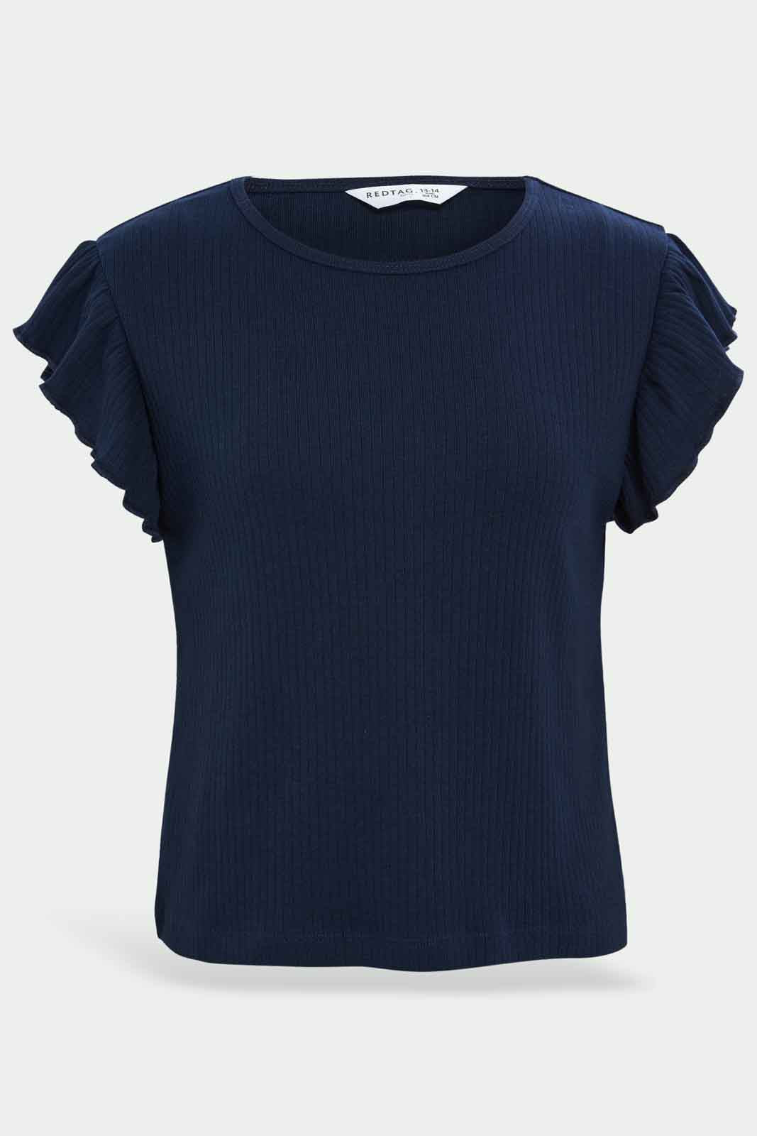 Redtag-Girls-Grey-Melange-Ruffles-Sleeve-Rib-Top-Category:T-Shirts,-Colour:Grey,-Deals:New-In,-Dept:Girls,-Filter:Senior-Girls-(8-to-14-Yrs),-GSR-T-Shirts,-New-In-GSR-APL,-Non-Sale,-S23B,-Section:Girls-(0-to-14Yrs),-TBL-Senior-Girls-9 to 14 Years