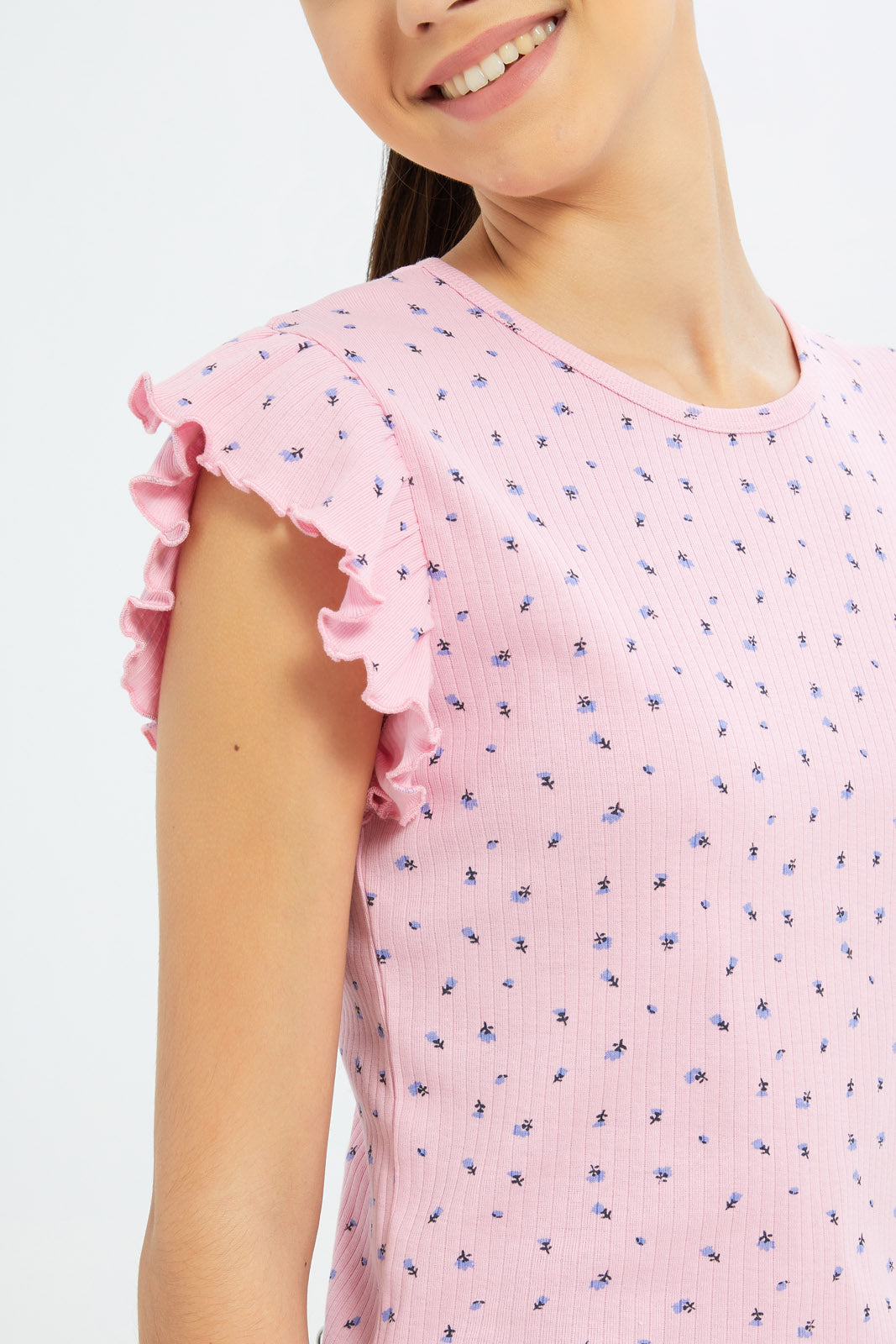 Redtag-Girls-Pink-Ruffles-Sleeve-Rib-Top-Category:T-Shirts,-Colour:Apricot,-Deals:New-In,-Dept:Girls,-Filter:Senior-Girls-(8-to-14-Yrs),-GSR-T-Shirts,-H1:KWR,-H2:GSR,-H3:TSH,-H4:CAT,-New-In-GSR-APL,-Non-Sale,-S23B,-Season:S23B,-Section:Girls-(0-to-14Yrs),-TBL-Senior-Girls-9 to 14 Years