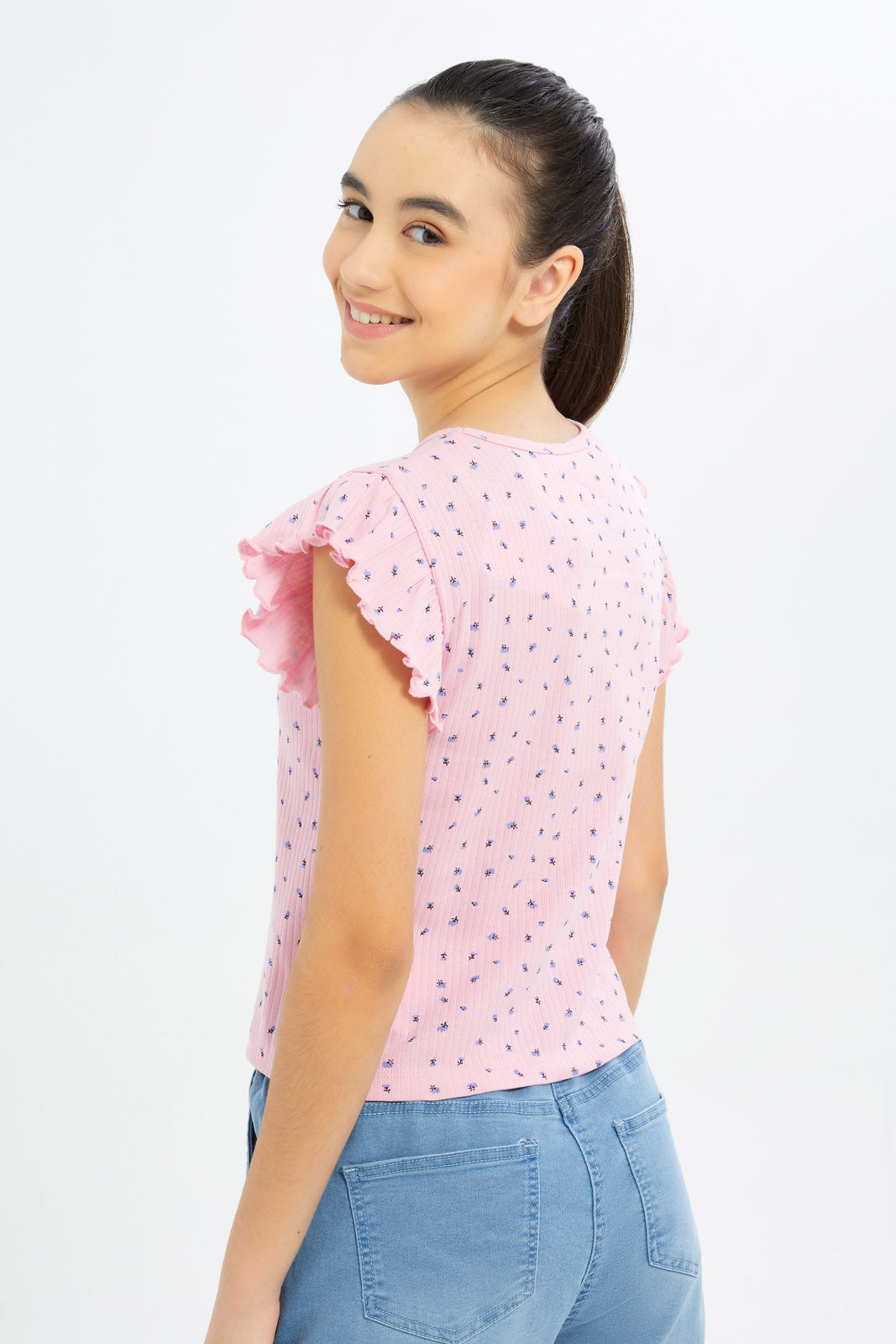 Redtag-Girls-Pink-Ruffles-Sleeve-Rib-Top-Category:T-Shirts,-Colour:Apricot,-Deals:New-In,-Dept:Girls,-Filter:Senior-Girls-(8-to-14-Yrs),-GSR-T-Shirts,-H1:KWR,-H2:GSR,-H3:TSH,-H4:CAT,-New-In-GSR-APL,-Non-Sale,-S23B,-Season:S23B,-Section:Girls-(0-to-14Yrs),-TBL-Senior-Girls-9 to 14 Years