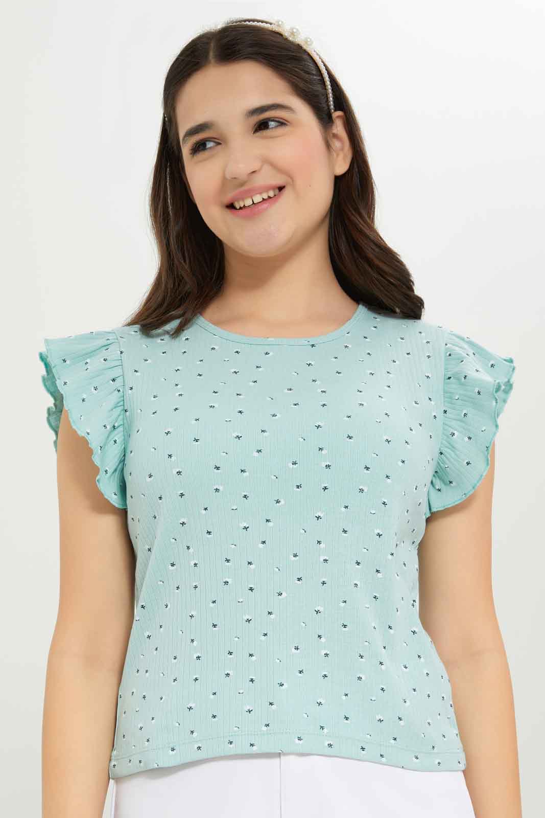 Redtag-Girls-Sage-Ruffles-Sleeve-Rib-Top-Category:T-Shirts,-Colour:Green,-Deals:New-In,-Dept:Girls,-Filter:Senior-Girls-(8-to-14-Yrs),-GSR-T-Shirts,-New-In-GSR-APL,-Non-Sale,-S23B,-Section:Girls-(0-to-14Yrs),-TBL-Senior-Girls-9 to 14 Years