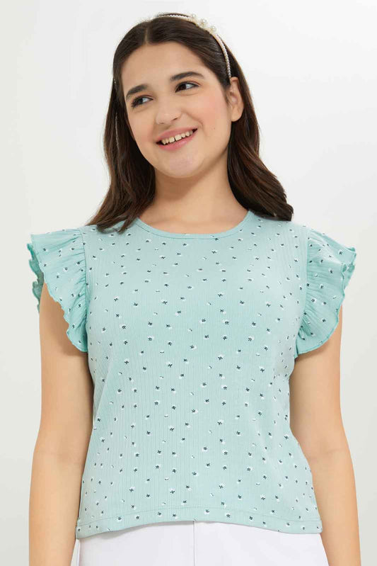 Redtag-Girls-Sage-Ruffles-Sleeve-Rib-Top-Category:T-Shirts,-Colour:Green,-Deals:New-In,-Dept:Girls,-Filter:Senior-Girls-(8-to-14-Yrs),-GSR-T-Shirts,-New-In-GSR-APL,-Non-Sale,-S23B,-Section:Girls-(0-to-14Yrs),-TBL-Senior-Girls-9 to 14 Years