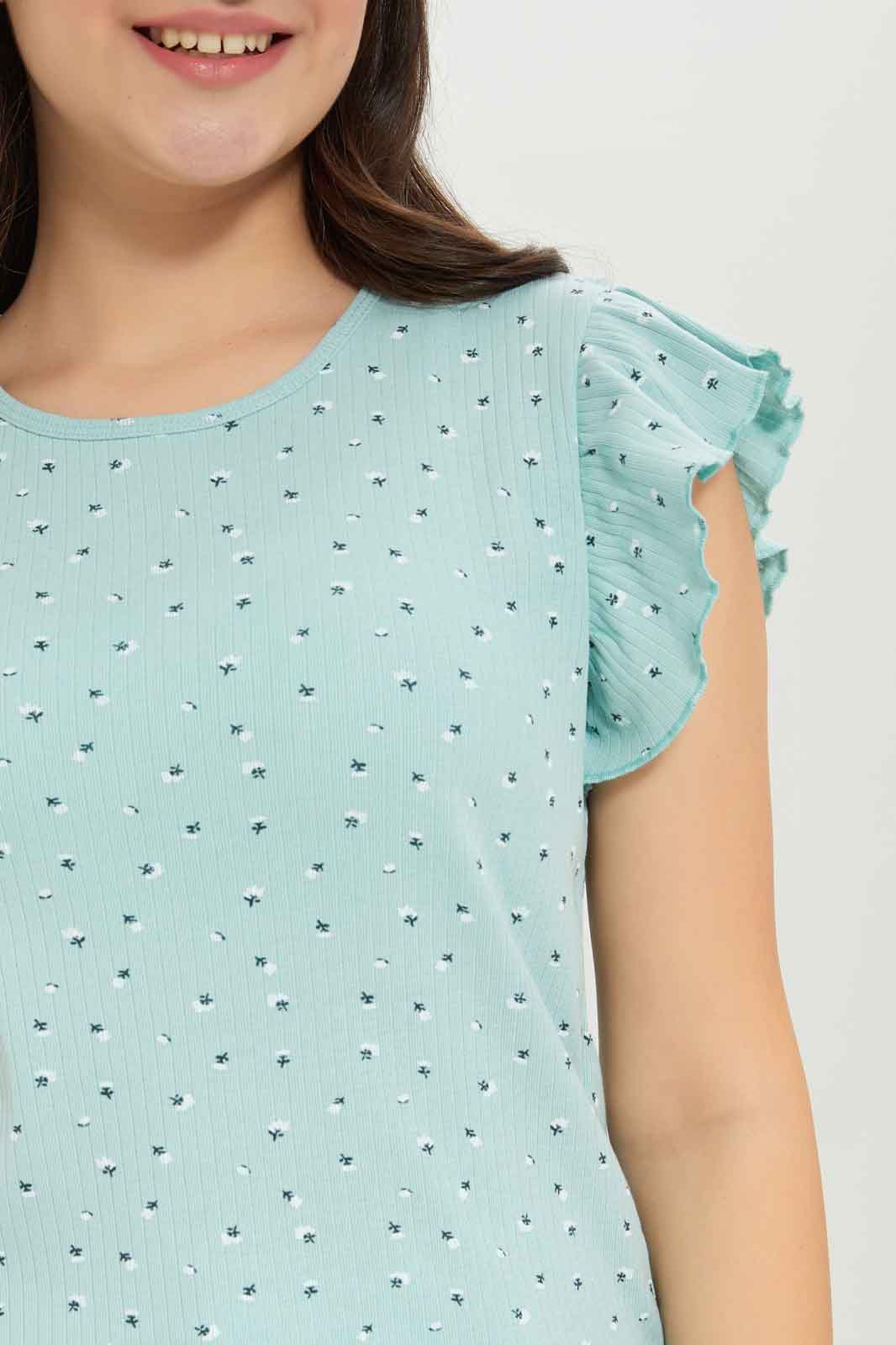 Redtag-Girls-Sage-Ruffles-Sleeve-Rib-Top-Category:T-Shirts,-Colour:Green,-Deals:New-In,-Dept:Girls,-Filter:Senior-Girls-(8-to-14-Yrs),-GSR-T-Shirts,-New-In-GSR-APL,-Non-Sale,-S23B,-Section:Girls-(0-to-14Yrs),-TBL-Senior-Girls-9 to 14 Years