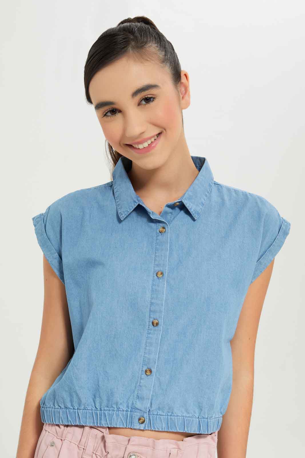 Redtag-Girls-Light-Wash-Denim-Shirt-Category:Blouses,-Colour:Light-Wash,-Deals:New-In,-Dept:Girls,-Filter:Senior-Girls-(8-to-14-Yrs),-GSR-Blouses,-New-In-GSR-APL,-Non-Sale,-S23B,-Section:Girls-(0-to-14Yrs)-Senior-Girls-9 to 14 Years
