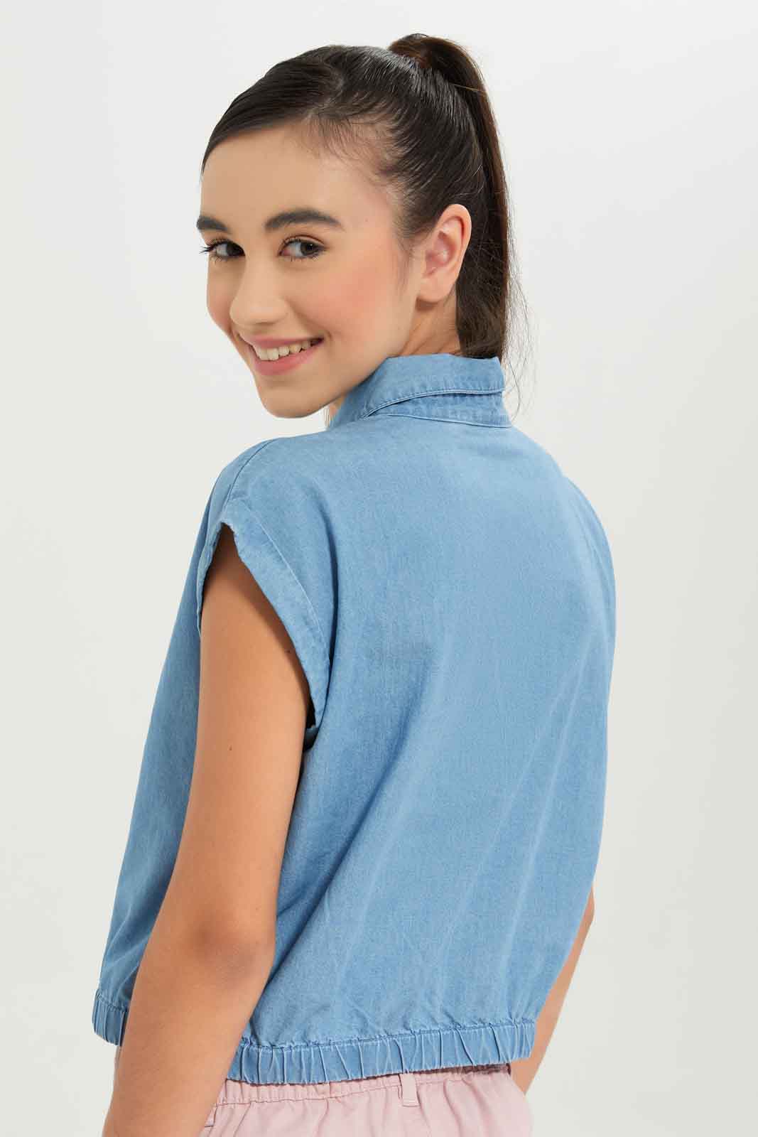 Redtag-Girls-Light-Wash-Denim-Shirt-Category:Blouses,-Colour:Light-Wash,-Deals:New-In,-Dept:Girls,-Filter:Senior-Girls-(8-to-14-Yrs),-GSR-Blouses,-New-In-GSR-APL,-Non-Sale,-S23B,-Section:Girls-(0-to-14Yrs)-Senior-Girls-9 to 14 Years