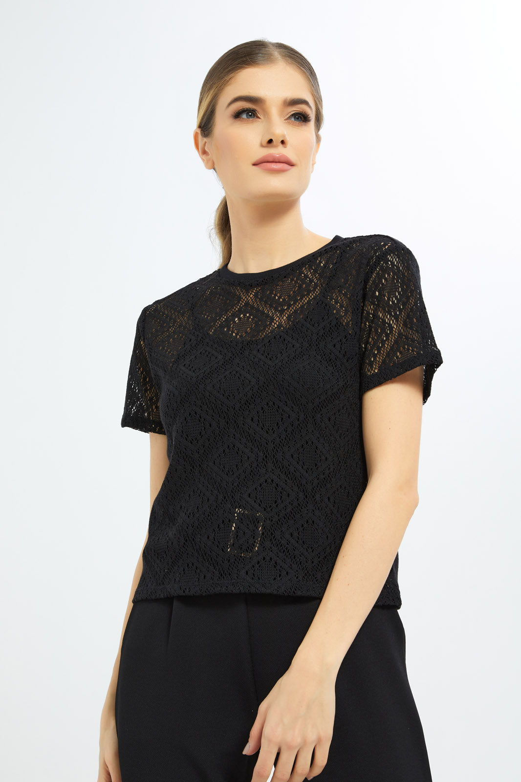 Redtag-Women-Black-Lace-Top-Category:T-Shirts,-Colour:Black,-Deals:New-In,-Dept:Ladieswear,-Filter:Women's-Clothing,-LDC,-LDC-T-Shirts,-New-In-LDC-APL,-Non-Sale,-S23C,-Section:Women,-TBL-Women's-