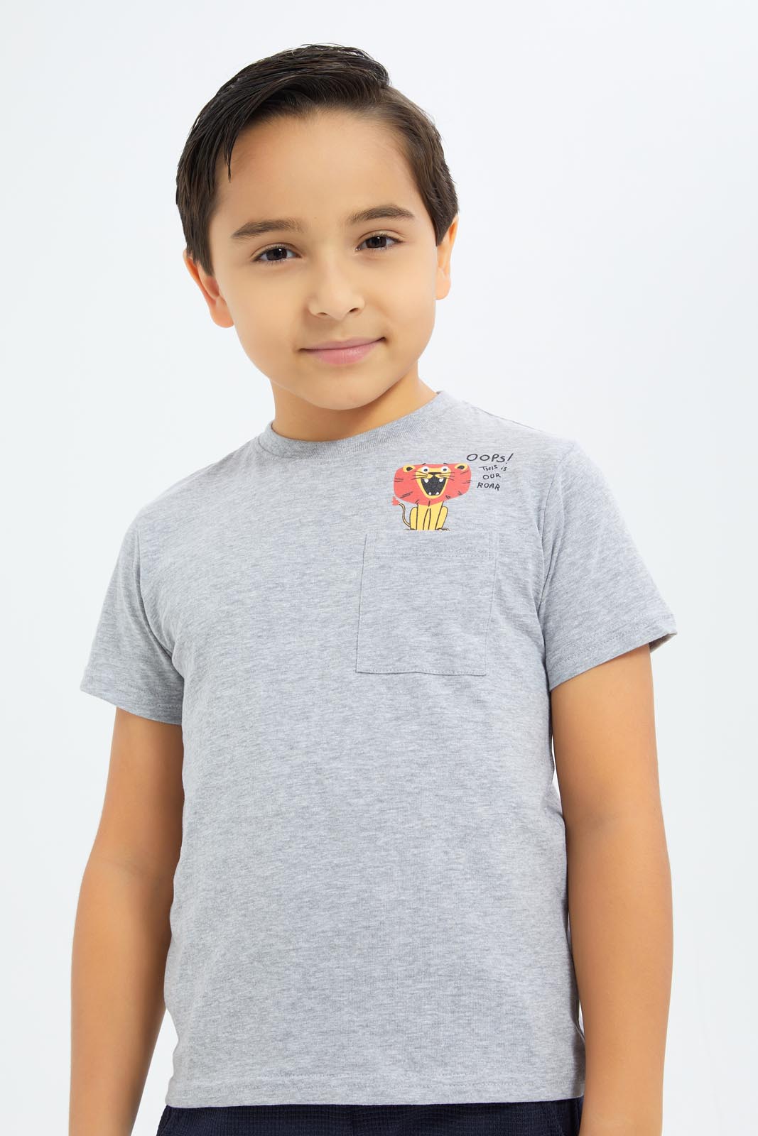 Redtag-Boys-Grey-Mel-Lion-Short-Sleeve-Print-Pocket-T-Shirt-BOY-T-Shirts,-Category:T-Shirts,-Colour:Grey,-Deals:New-In,-Dept:Boys,-Filter:Boys-(2-to-8-Yrs),-New-In-BOY-APL,-Non-Sale,-S23B,-Section:Boys-(0-to-14Yrs),-TBL-Boys-2 to 8 Years